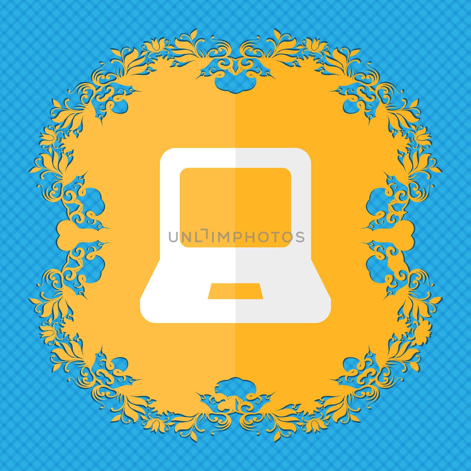 Laptop. Floral flat design on a blue abstract background with place for your text. illustration
