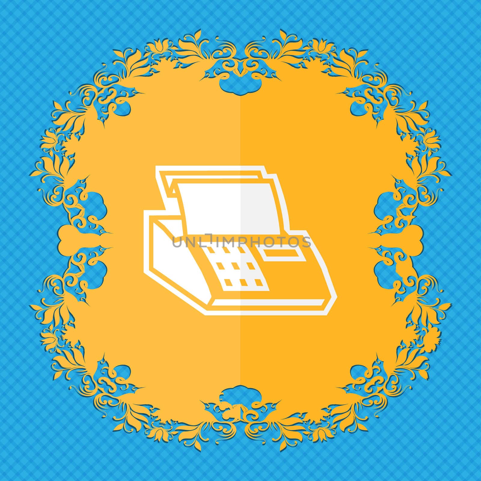 Cash register machine. Floral flat design on a blue abstract background with place for your text.  by serhii_lohvyniuk