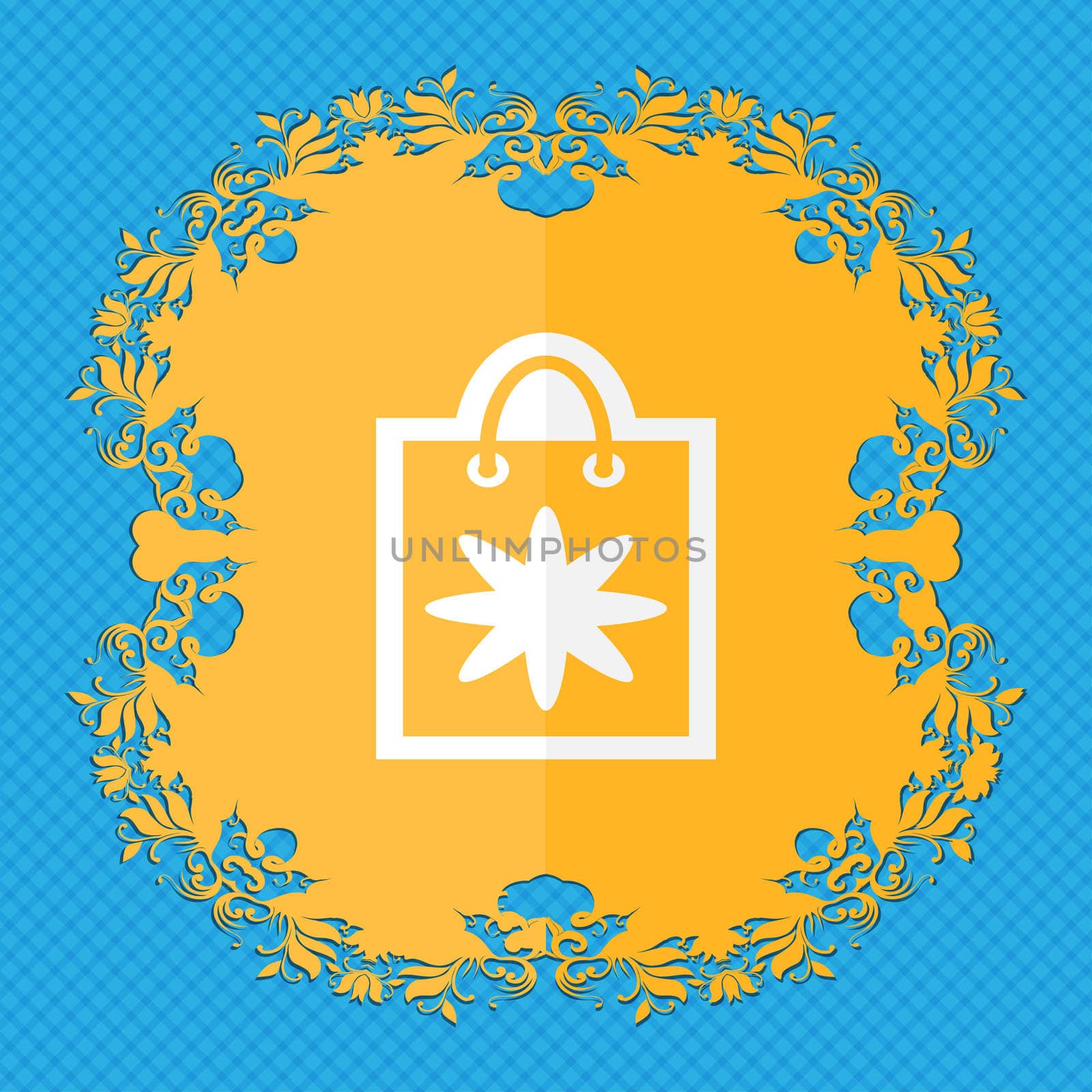 shopping bag. Floral flat design on a blue abstract background with place for your text. illustration