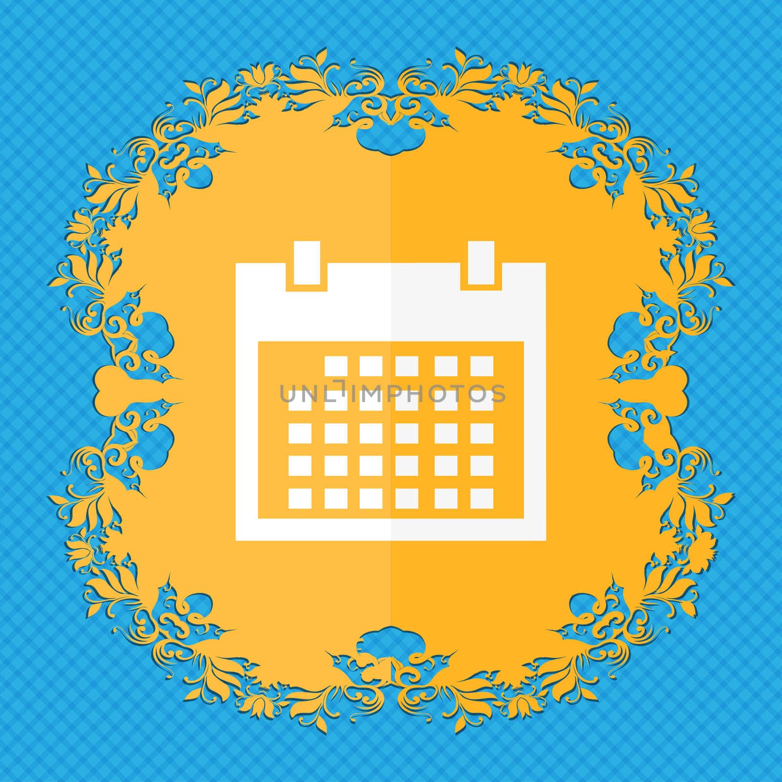 Calendar sign icon. days month symbol. Date button. Floral flat design on a blue abstract background with place for your text. illustration