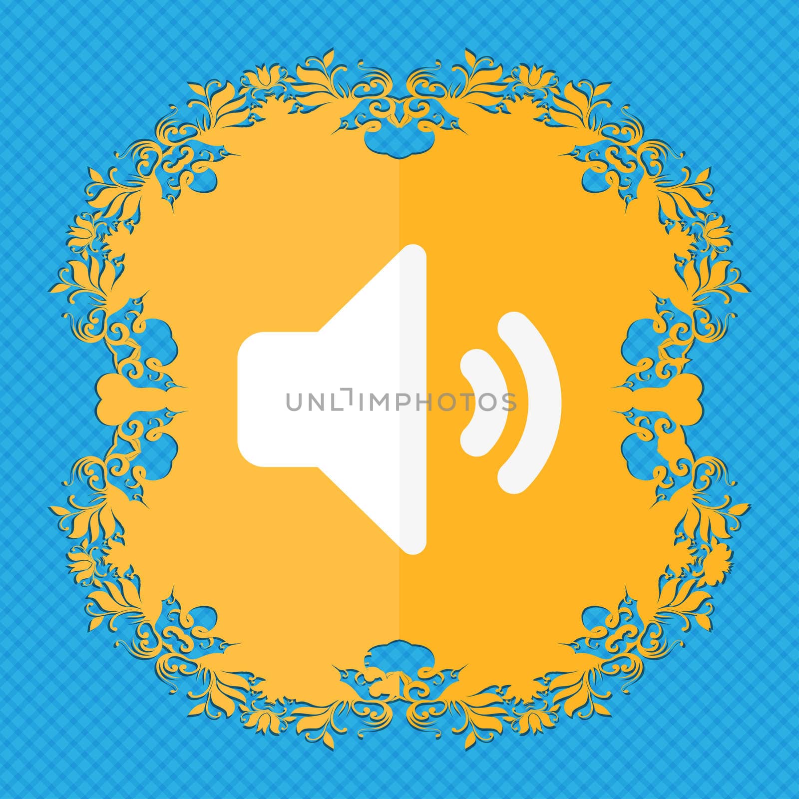 Speaker volume, Sound . Floral flat design on a blue abstract background with place for your text.  by serhii_lohvyniuk