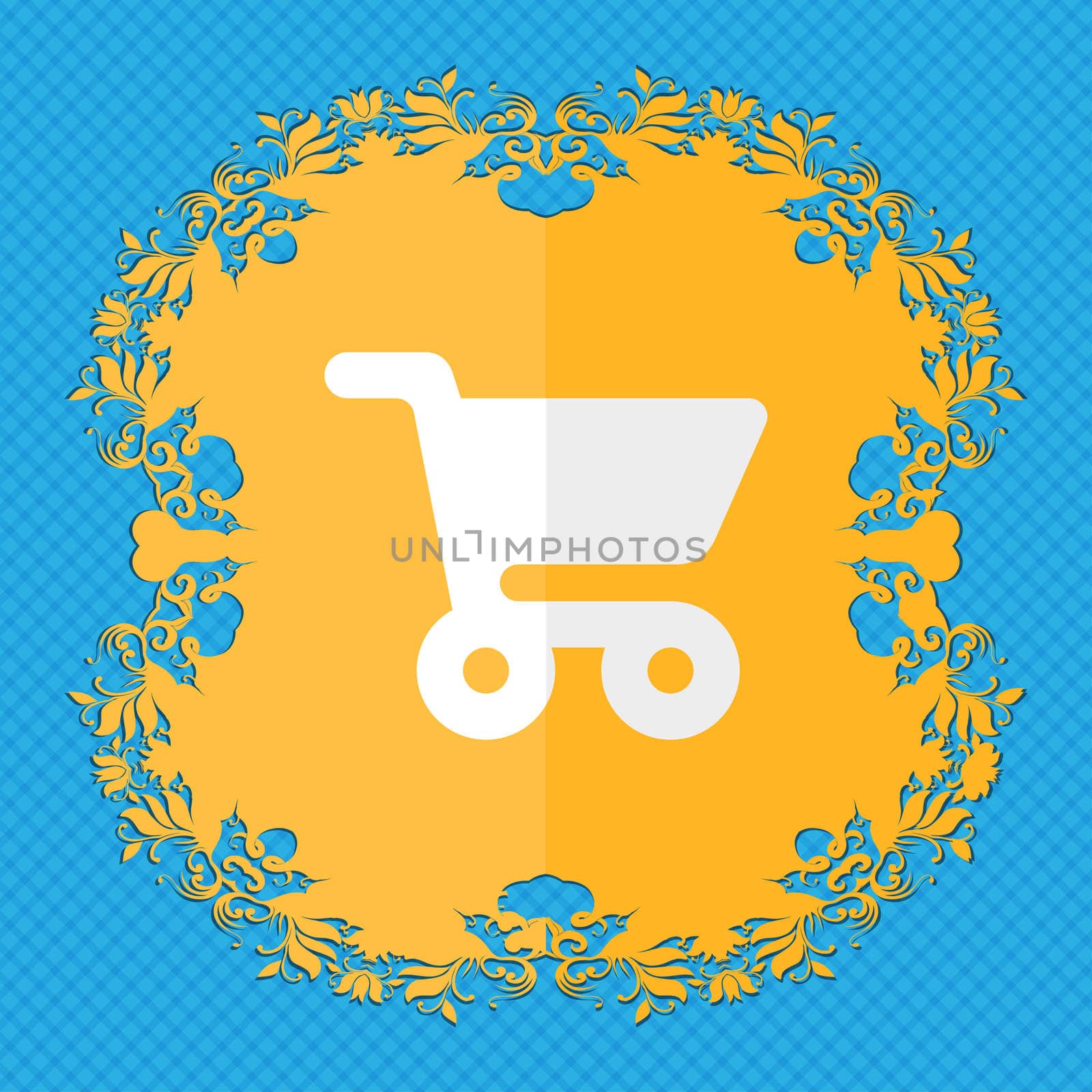 shopping basket. Floral flat design on a blue abstract background with place for your text. illustration