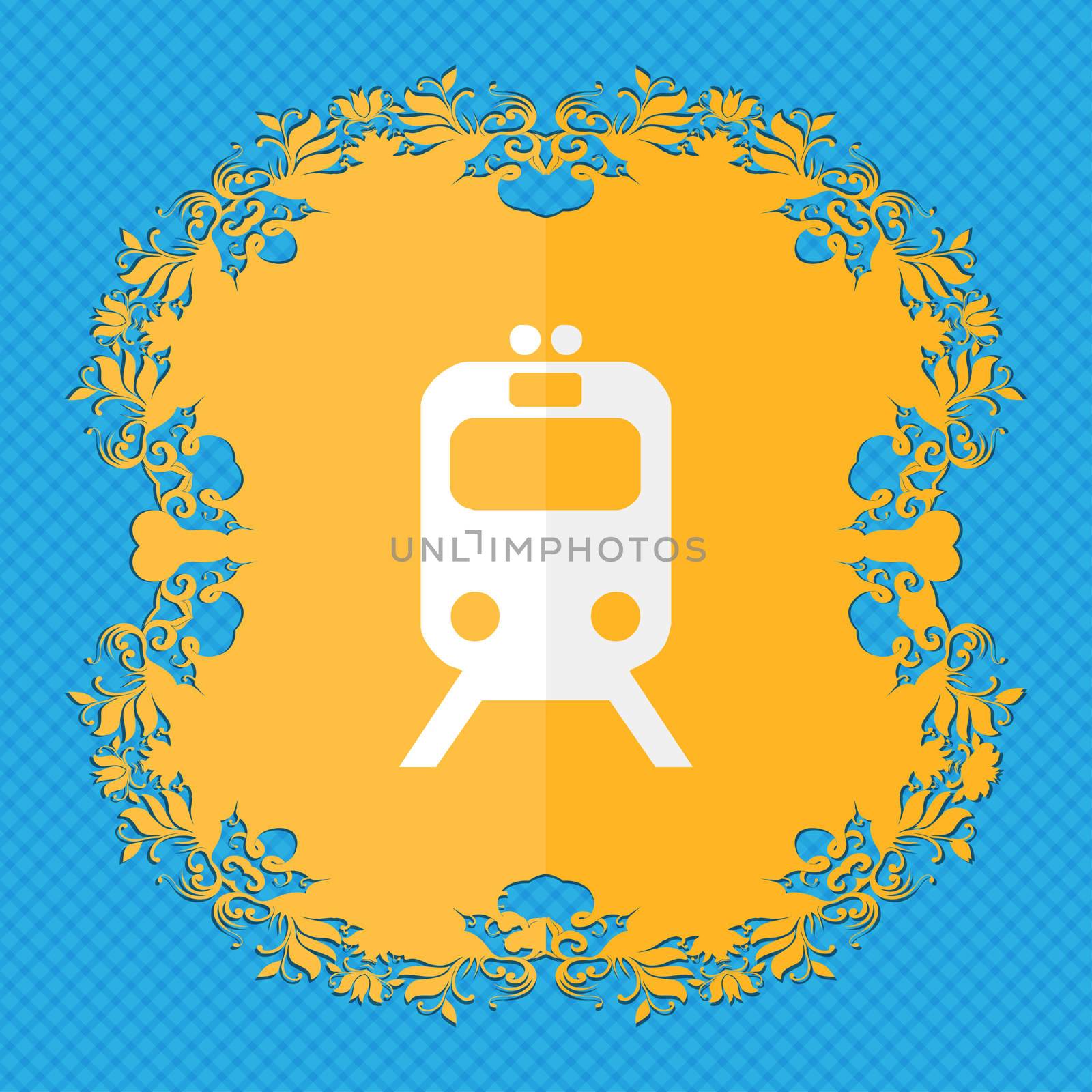 train. Floral flat design on a blue abstract background with place for your text. illustration