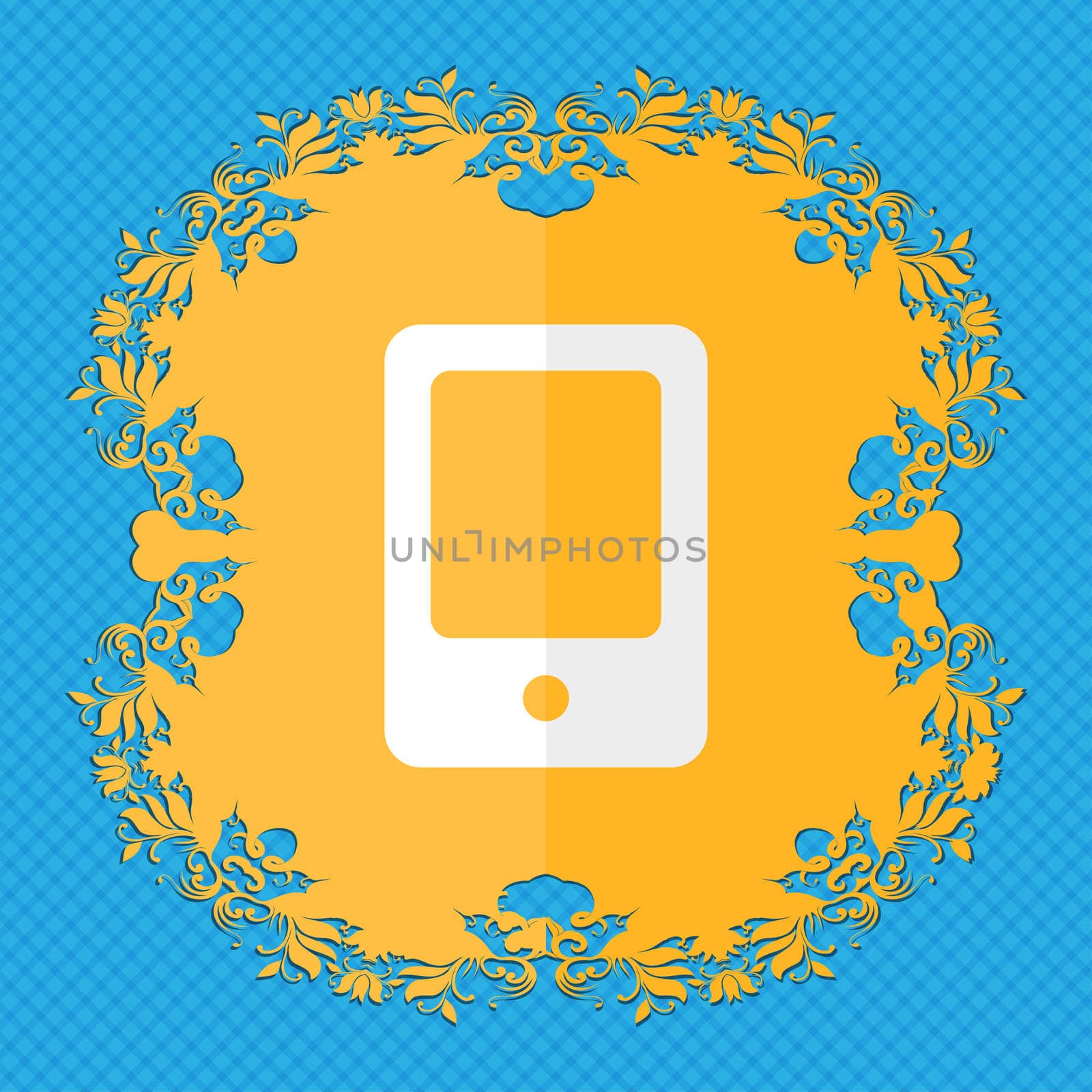 Tablet. Floral flat design on a blue abstract background with place for your text.  by serhii_lohvyniuk