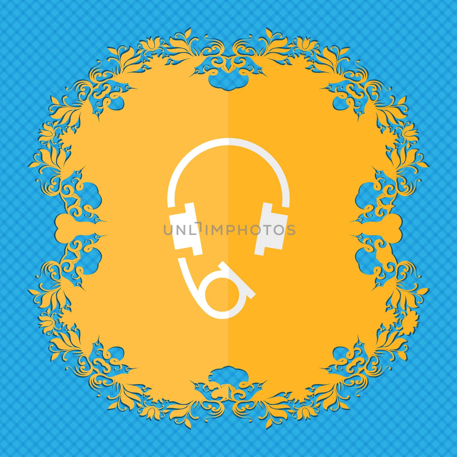 headsets. Floral flat design on a blue abstract background with place for your text.  by serhii_lohvyniuk