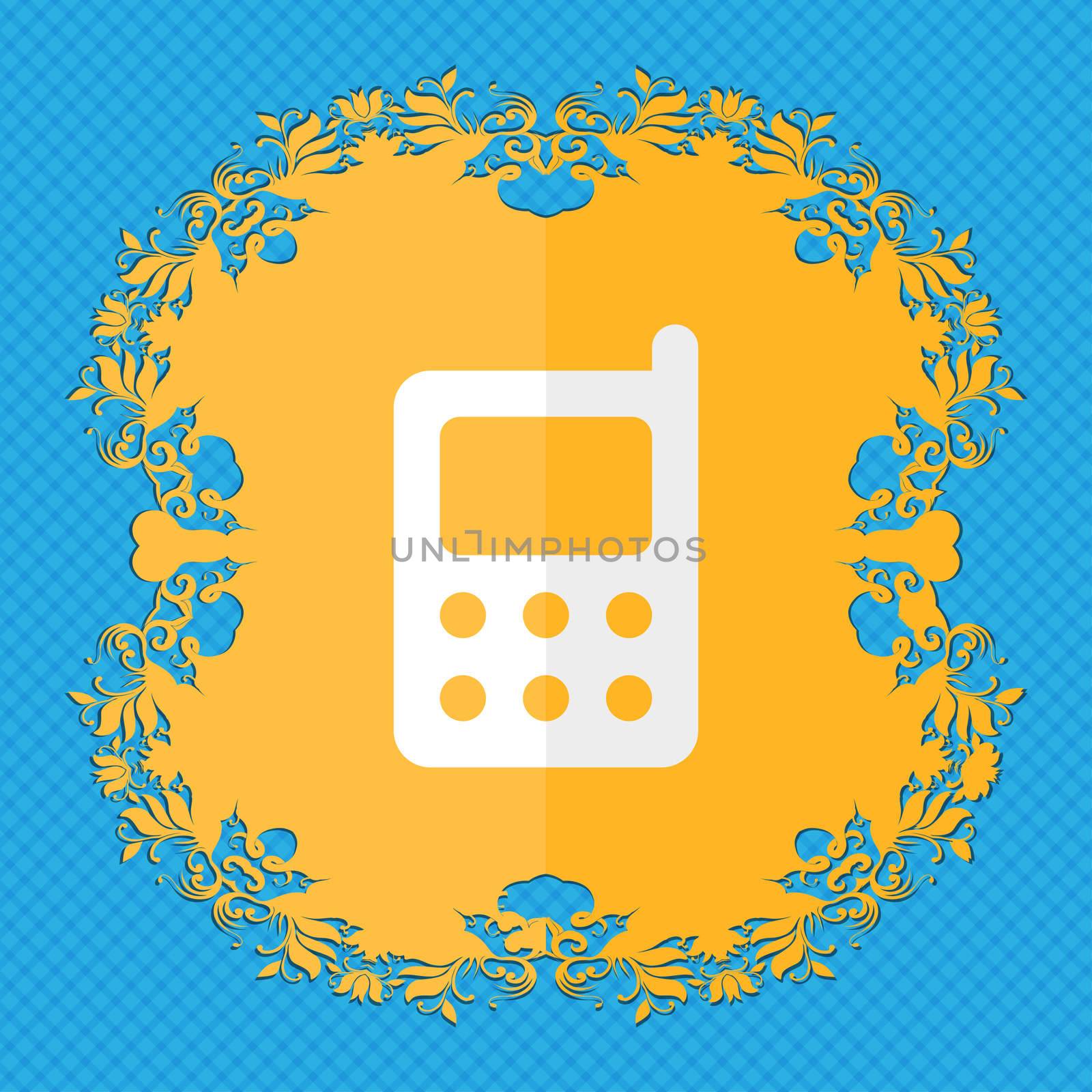 mobile phone. Floral flat design on a blue abstract background with place for your text.  by serhii_lohvyniuk