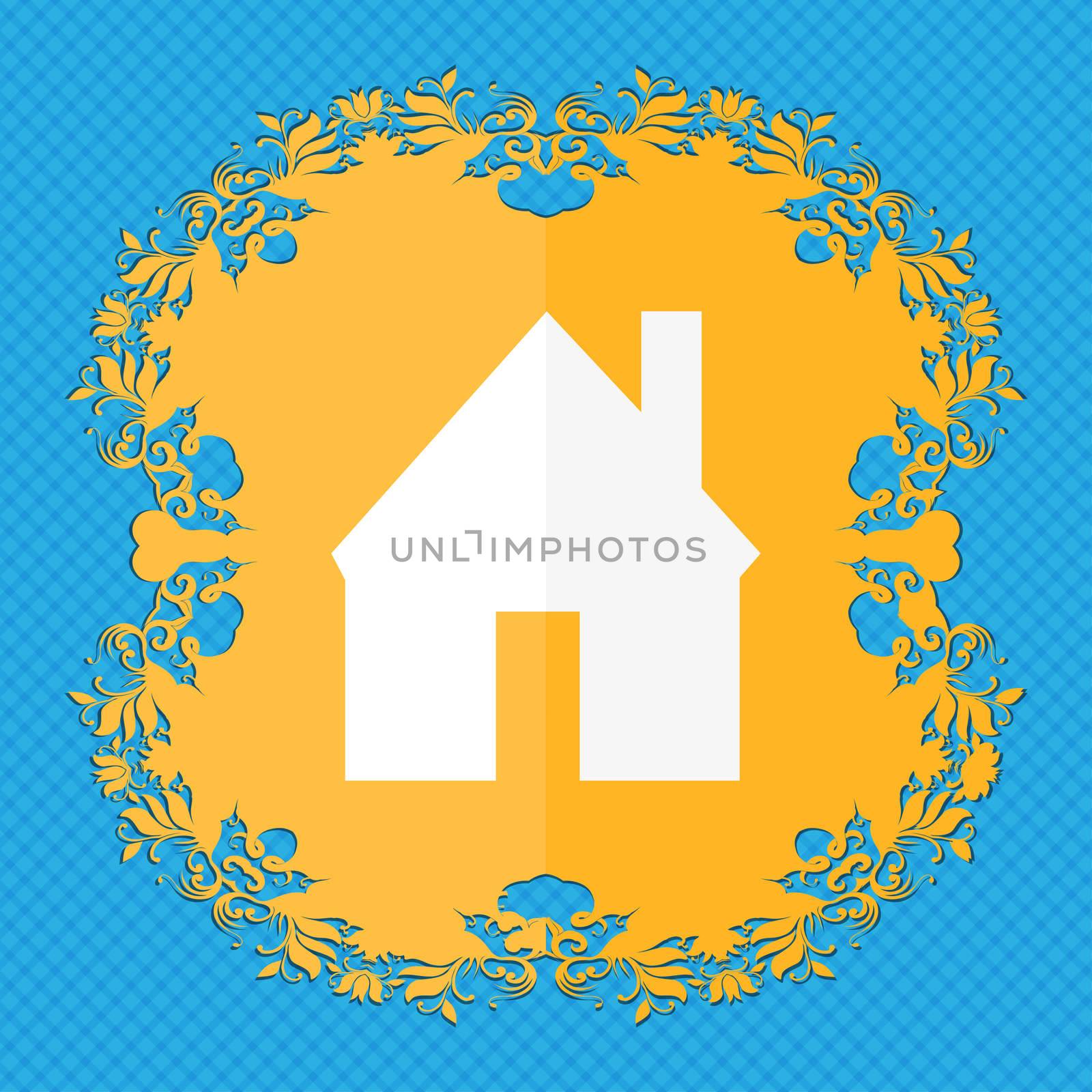 Home sign icon. Main page button. Navigation symbol. Floral flat design on a blue abstract background with place for your text.  by serhii_lohvyniuk