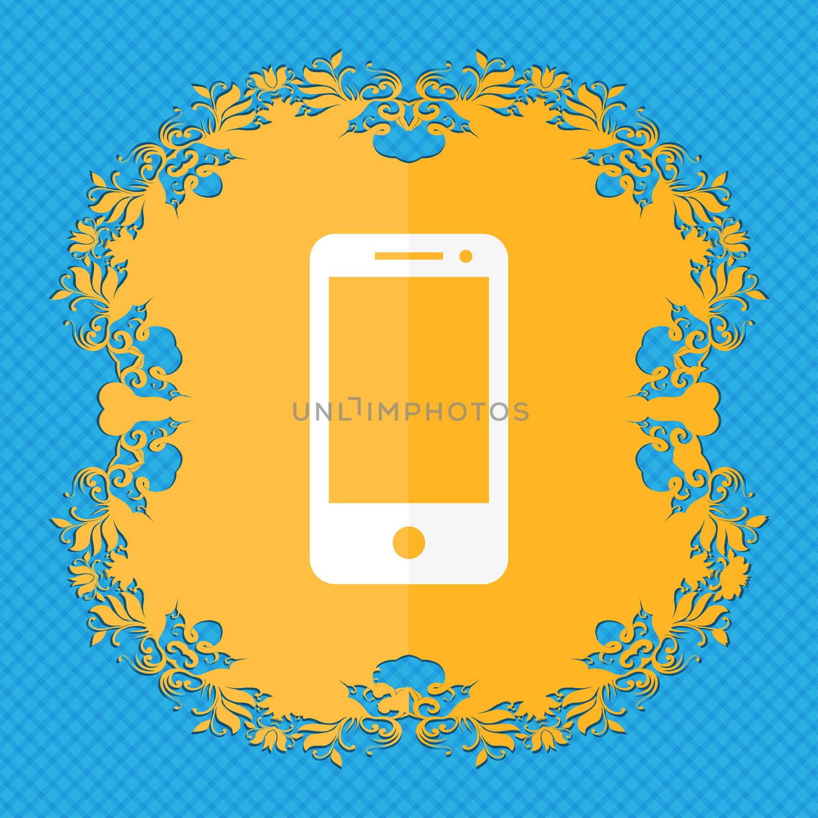 Smartphone sign icon. Support symbol. Call center. Floral flat design on a blue abstract background with place for your text.  by serhii_lohvyniuk