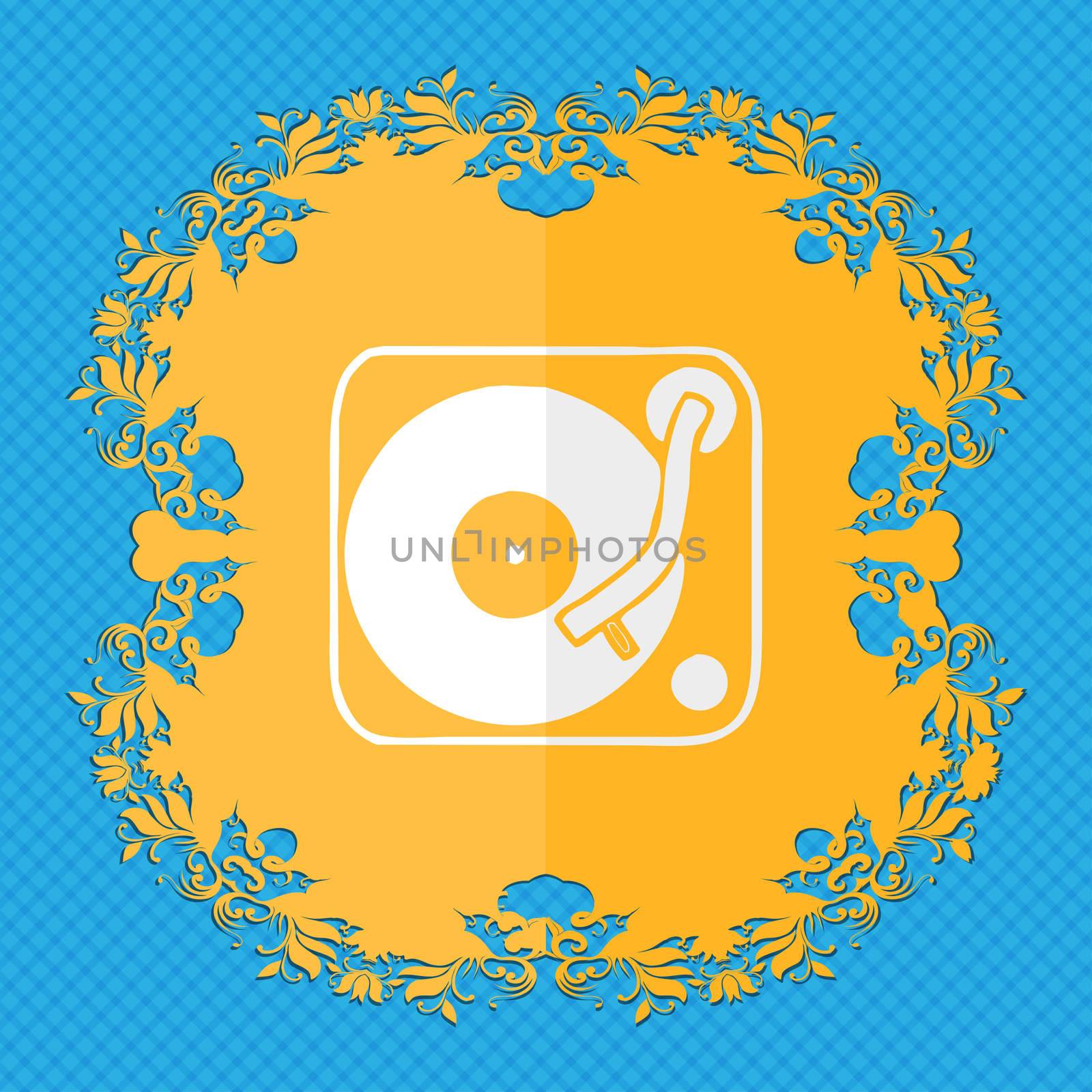 Gramophone, vinyl. Floral flat design on a blue abstract background with place for your text.  by serhii_lohvyniuk