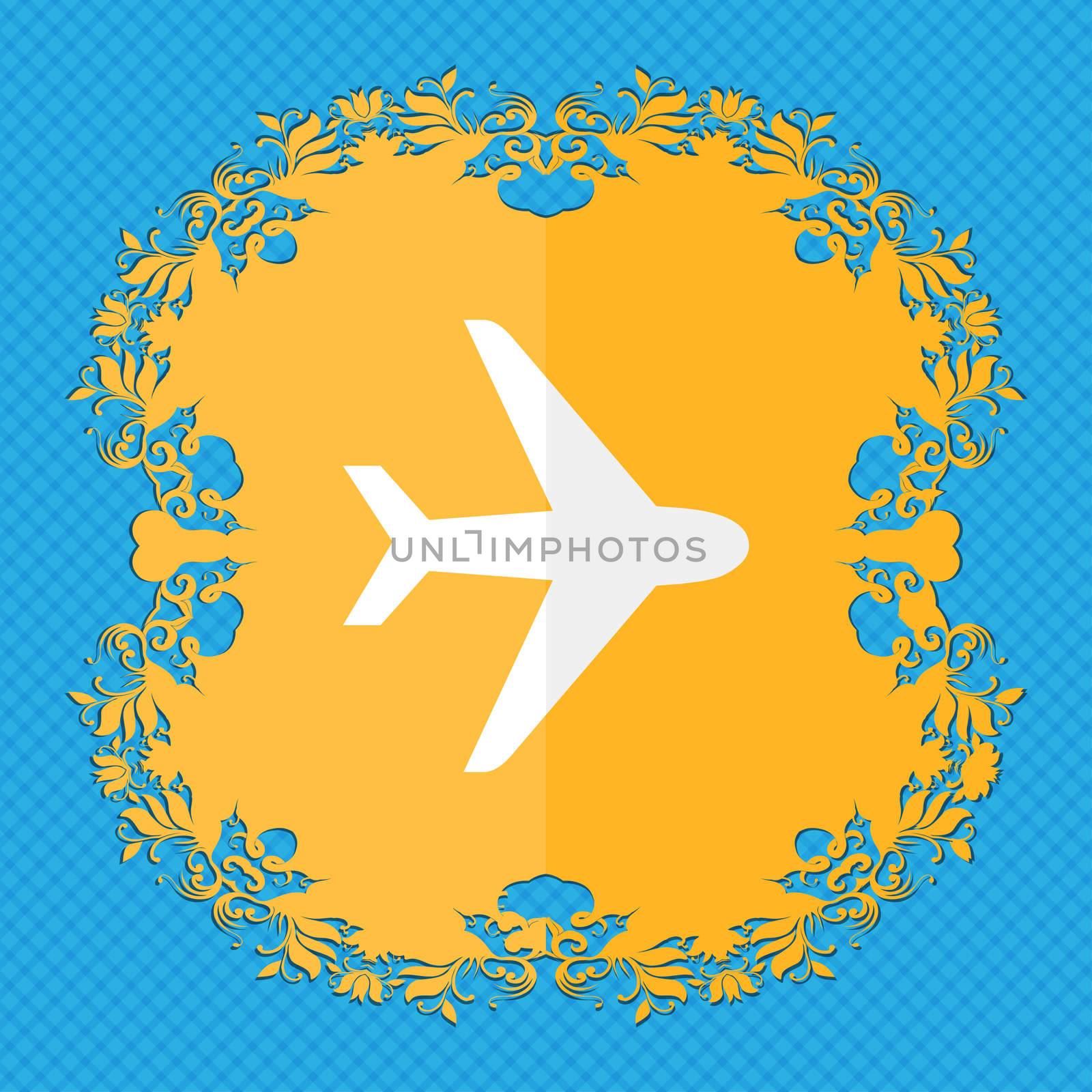 Plane. Floral flat design on a blue abstract background with place for your text.  by serhii_lohvyniuk