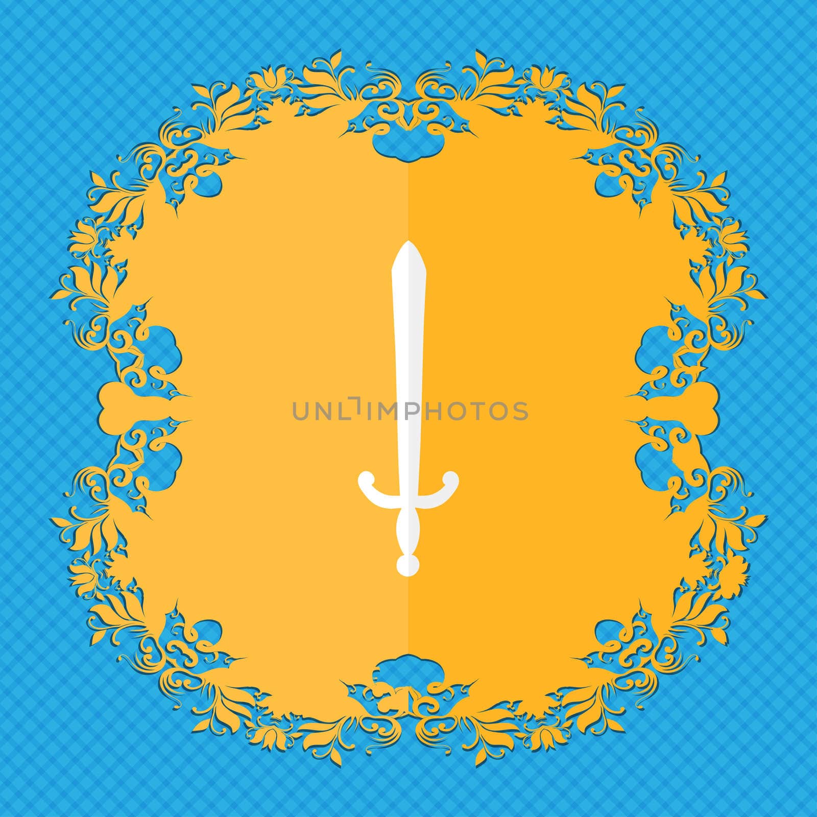 the sword. Floral flat design on a blue abstract background with place for your text. illustration