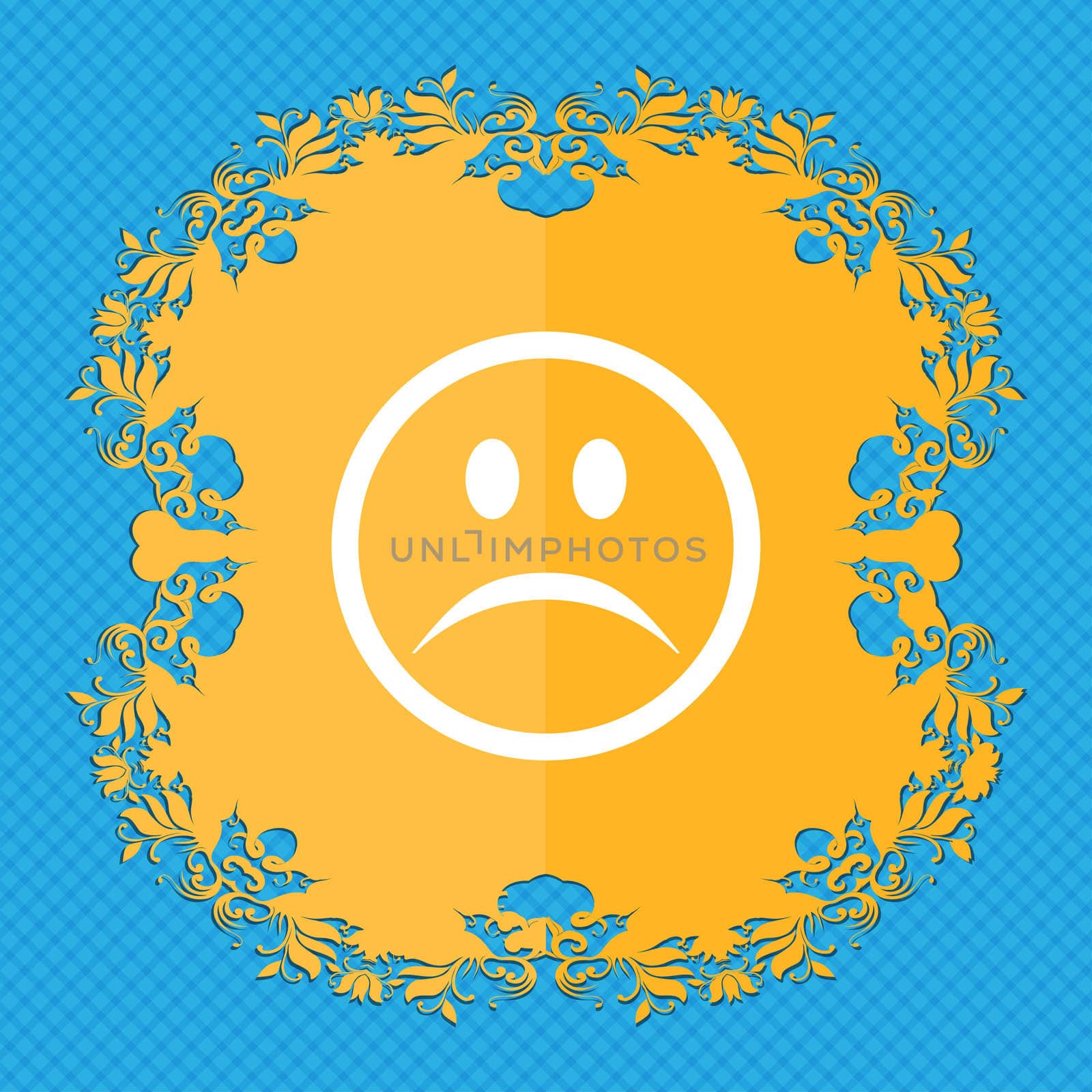Sad face, Sadness depression . Floral flat design on a blue abstract background with place for your text. illustration