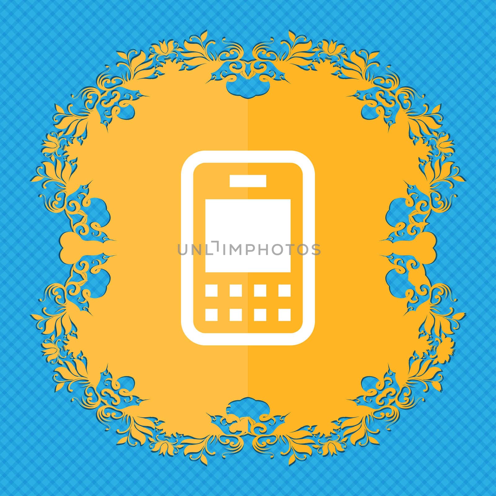 Mobile telecommunications technology . Floral flat design on a blue abstract background with place for your text. illustration