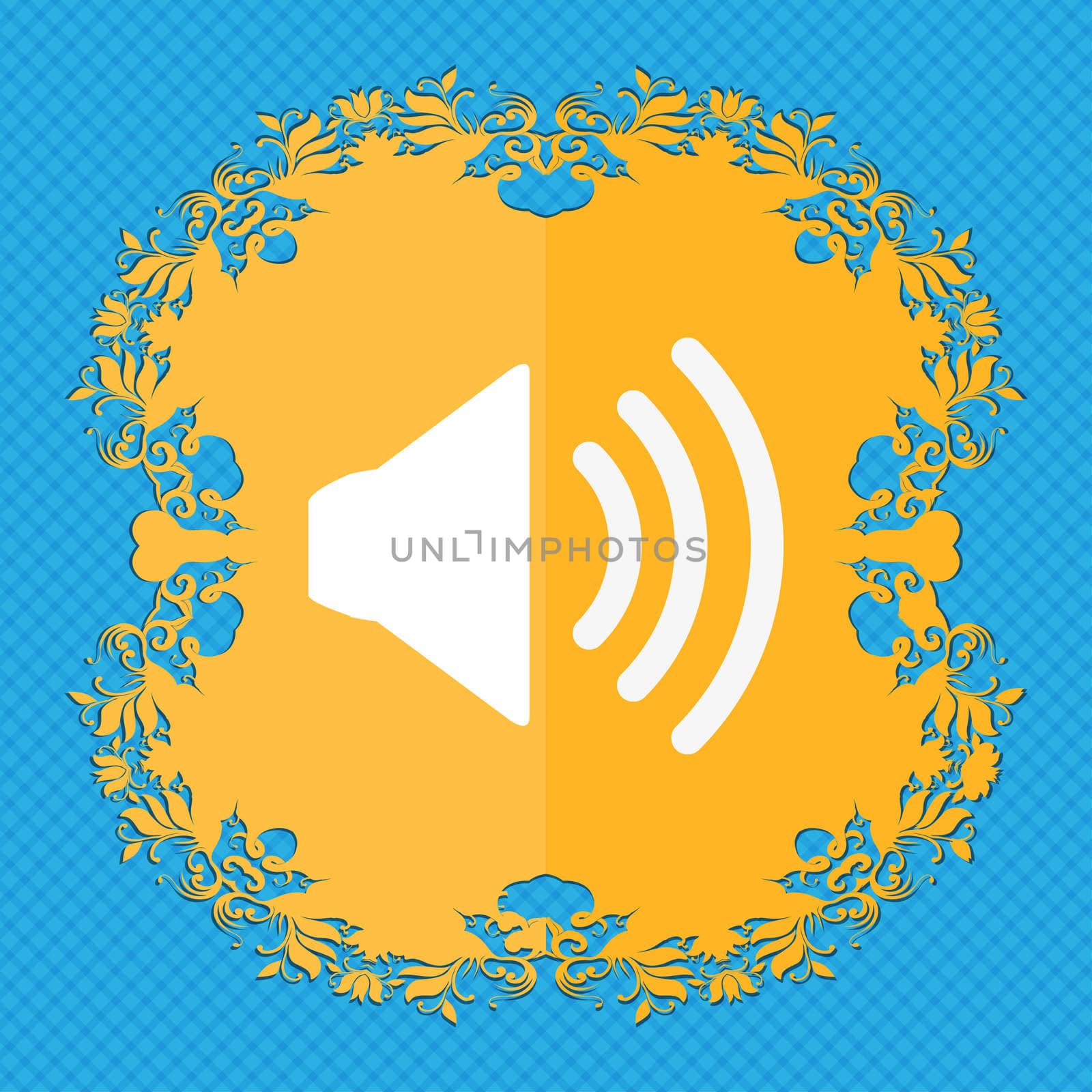 Speaker volume sign icon. Sound symbol. Floral flat design on a blue abstract background with place for your text. illustration