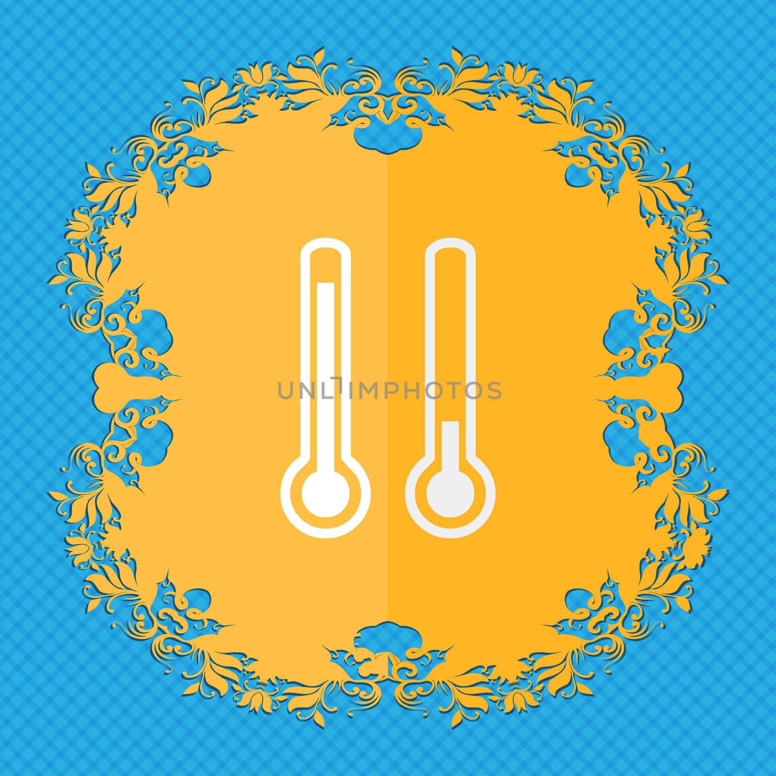 thermometer temperature. Floral flat design on a blue abstract background with place for your text. illustration