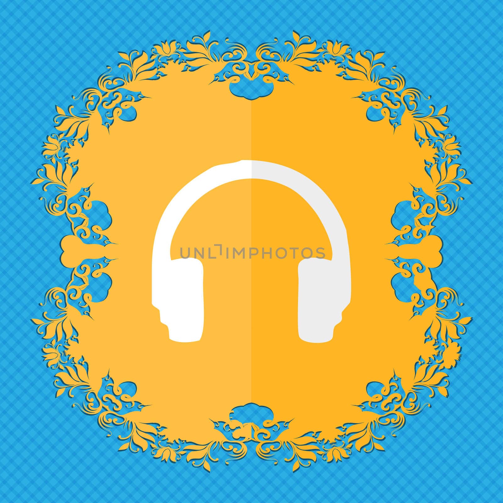 headsets. Floral flat design on a blue abstract background with place for your text. illustration