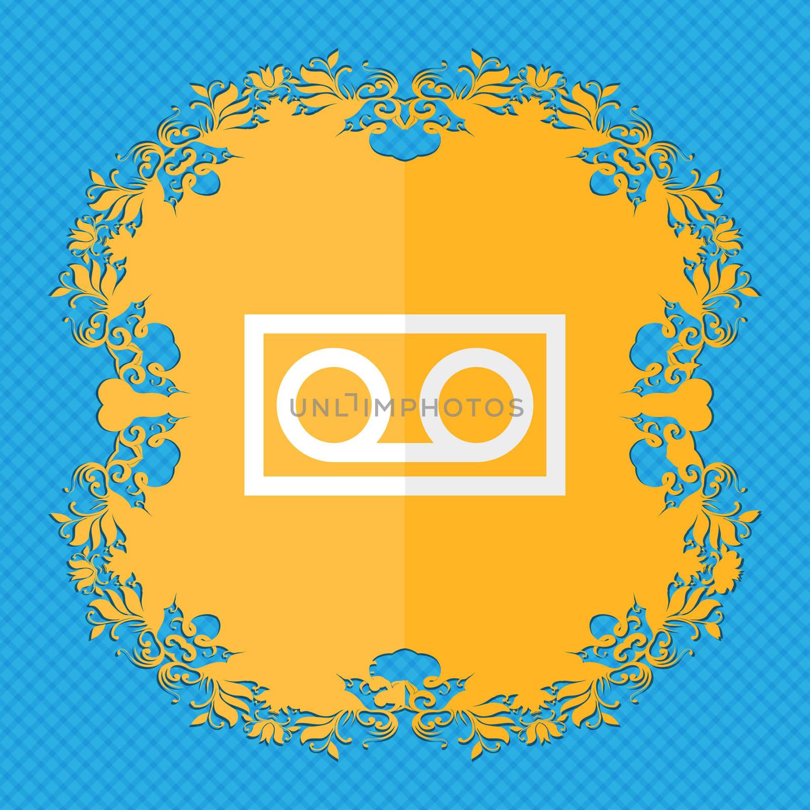 audio cassette. Floral flat design on a blue abstract background with place for your text. illustration