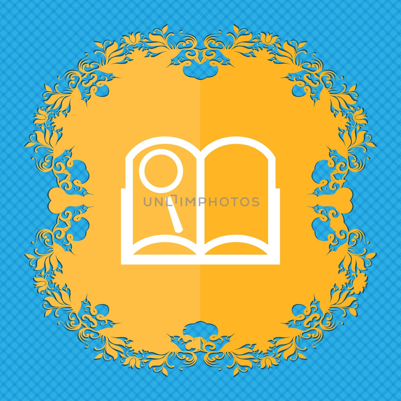 Book sign icon. Open book symbol. Floral flat design on a blue abstract background with place for your text.  by serhii_lohvyniuk