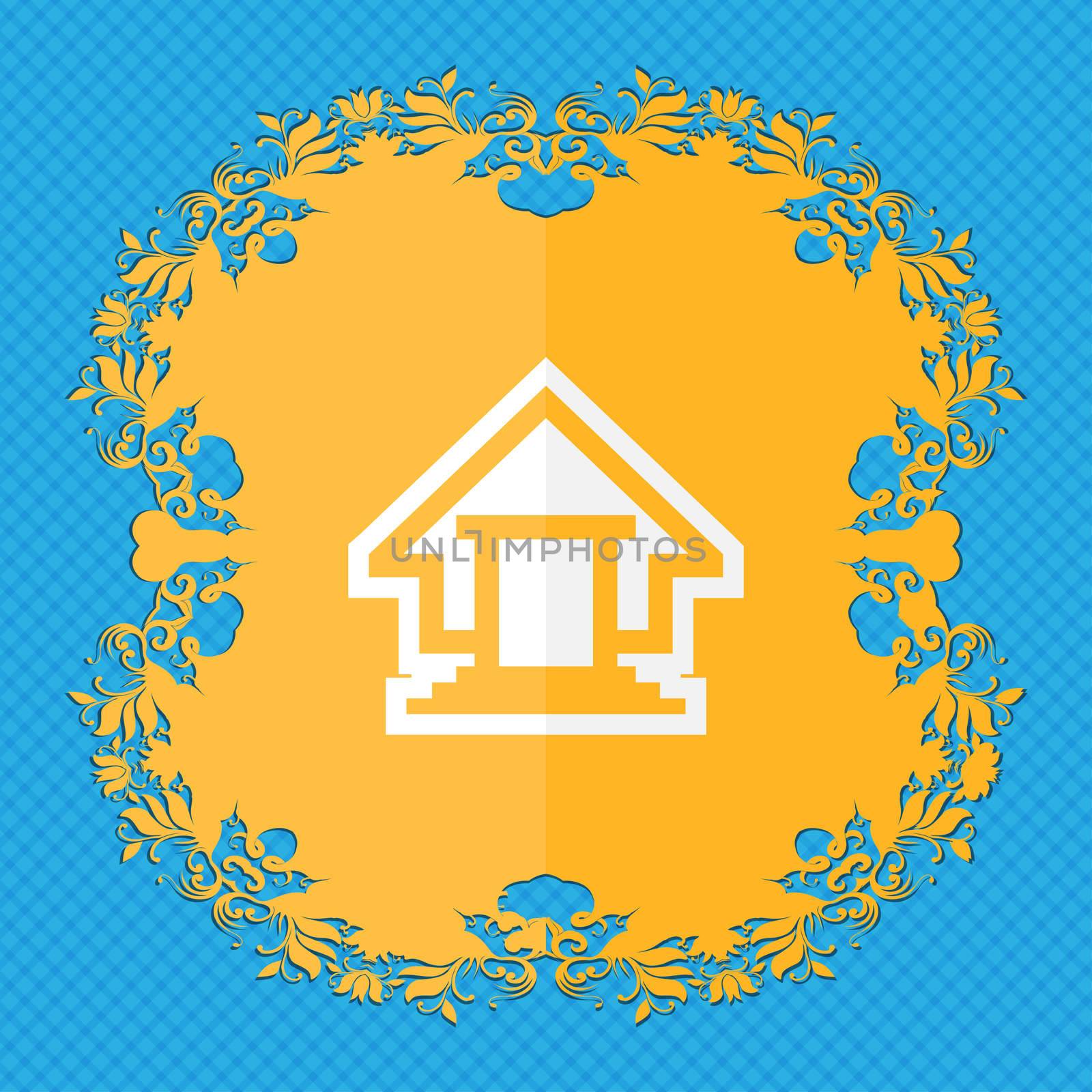 House. Floral flat design on a blue abstract background with place for your text. illustration