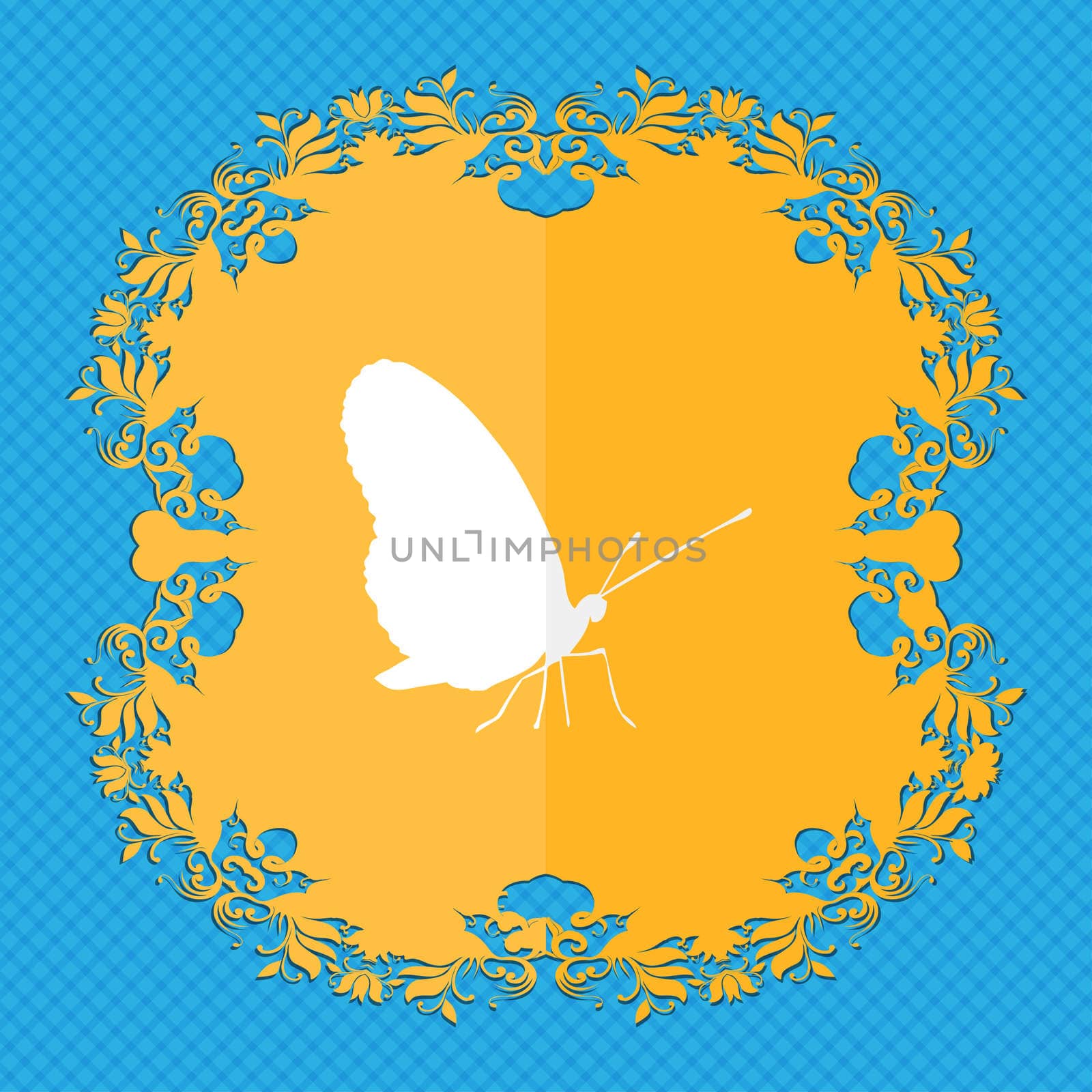 butterfly. Floral flat design on a blue abstract background with place for your text.  by serhii_lohvyniuk