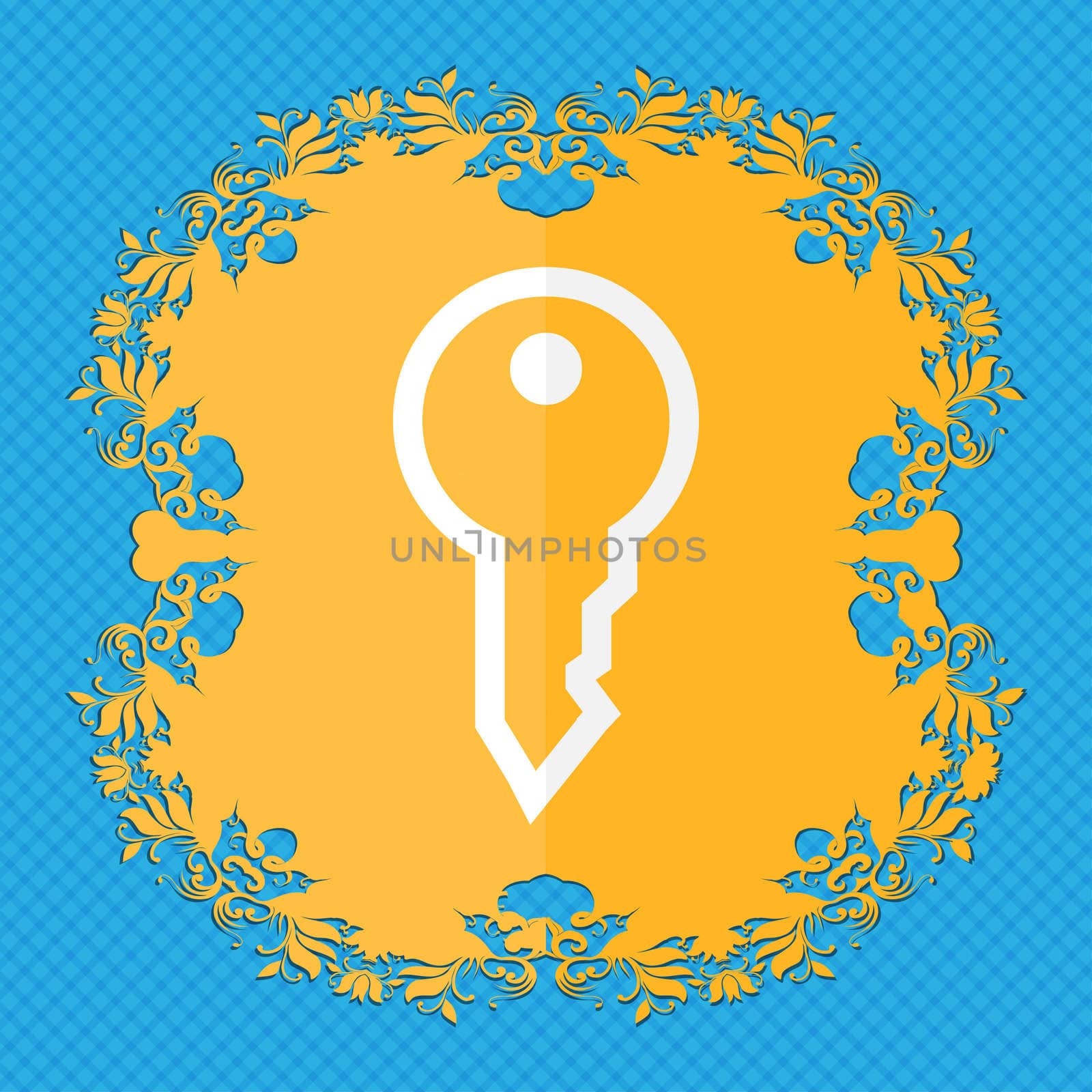 Key. Floral flat design on a blue abstract background with place for your text. illustration