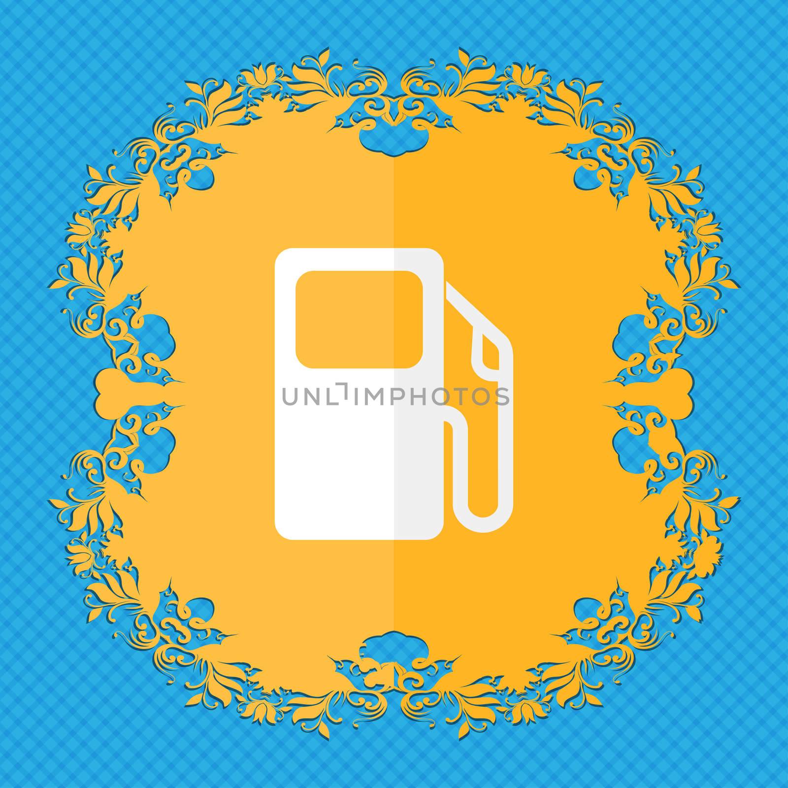 Auto gas station. Floral flat design on a blue abstract background with place for your text. illustration