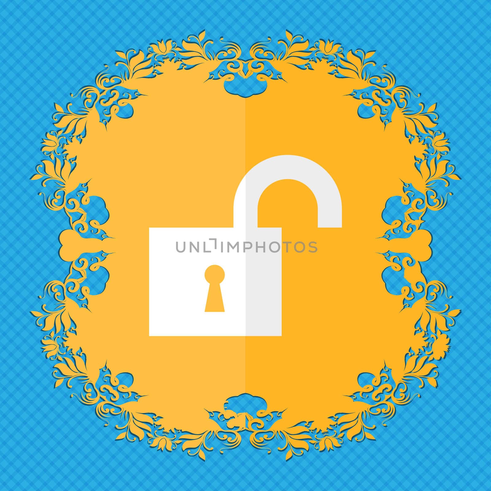 open lock. Floral flat design on a blue abstract background with place for your text. illustration