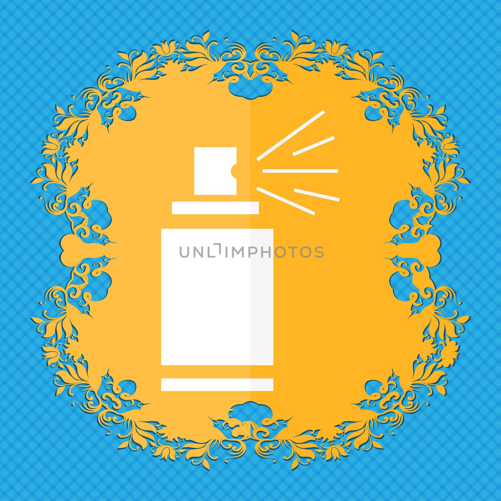 Graffiti spray can sign icon. Aerosol paint symbol. Floral flat design on a blue abstract background with place for your text. illustration