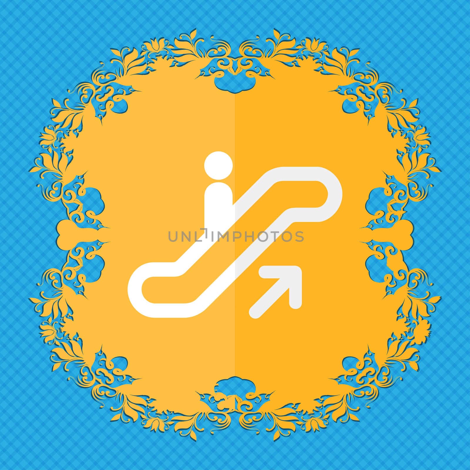 elevator, Escalator, Staircase. Floral flat design on a blue abstract background with place for your text. illustration