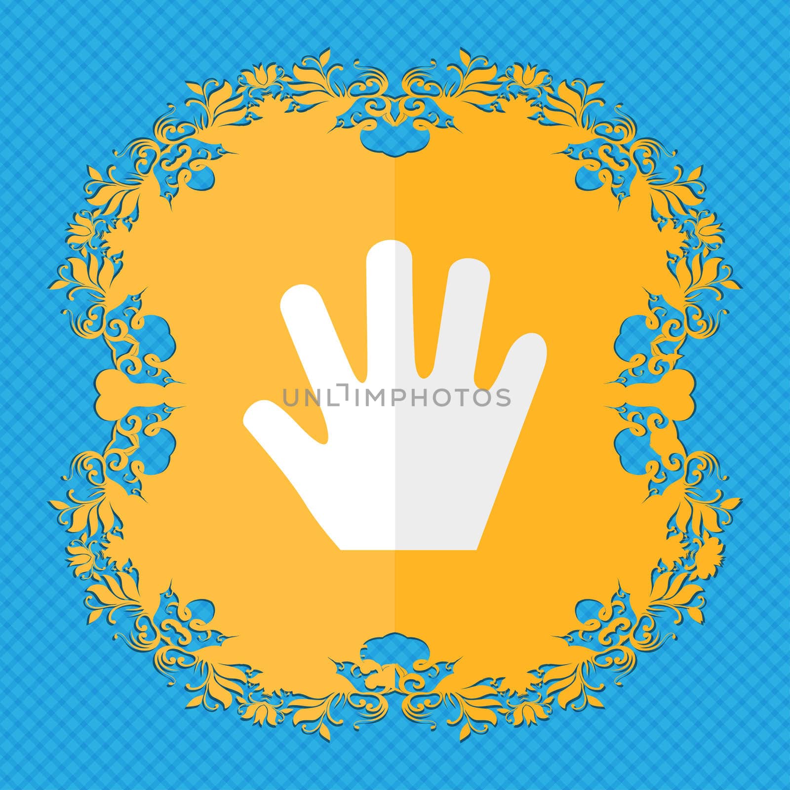 Hand. Floral flat design on a blue abstract background with place for your text. illustration