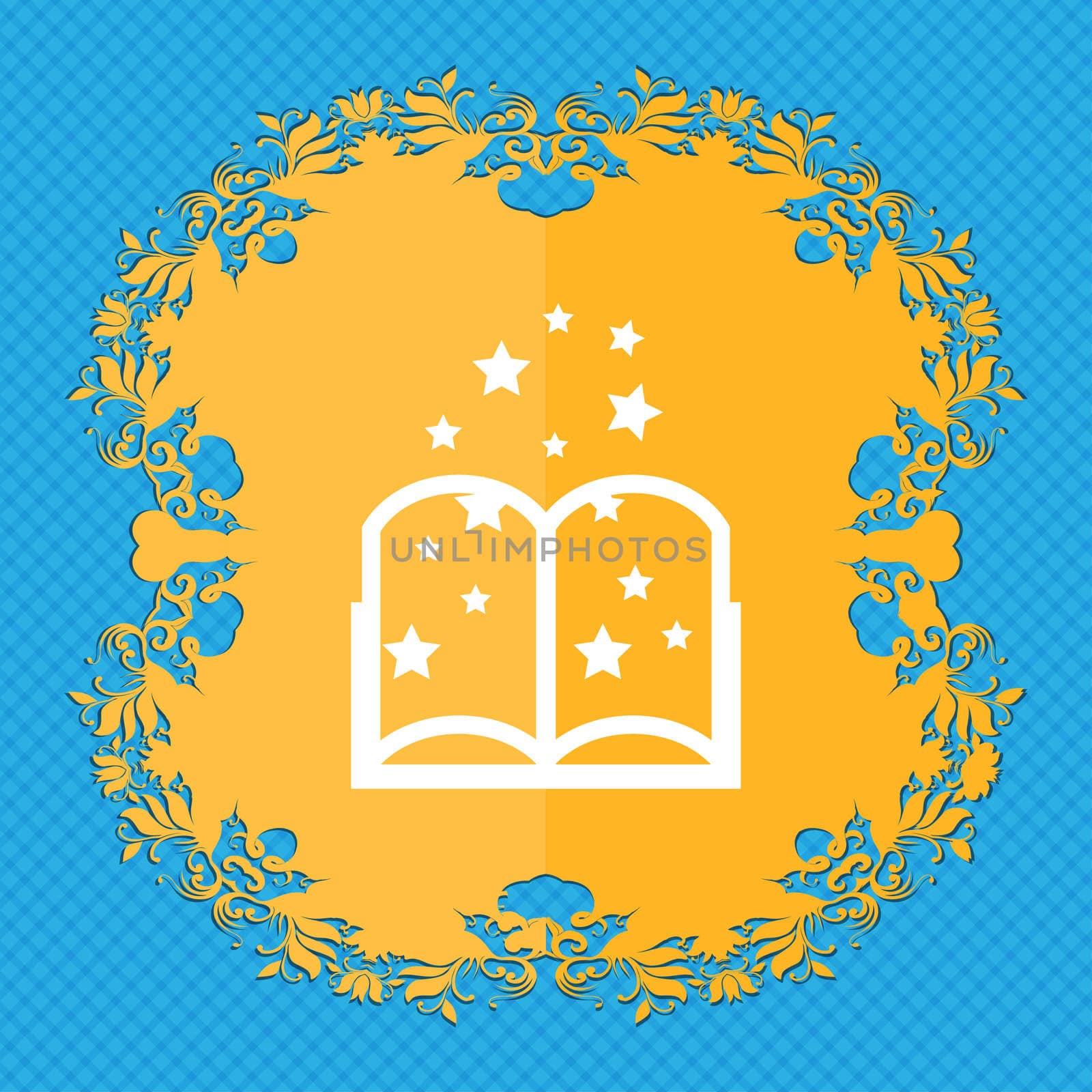 Magic Book sign icon. Open book symbol. Floral flat design on a blue abstract background with place for your text. illustration