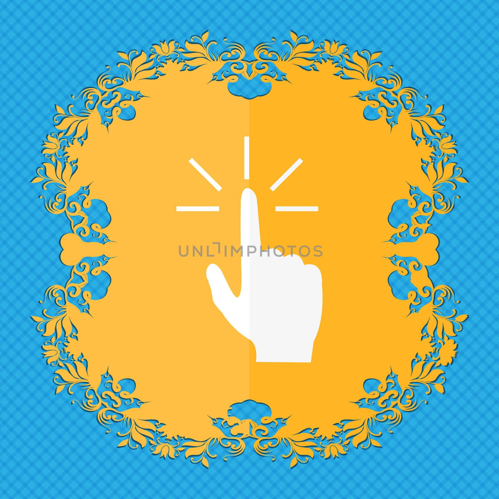 Click here hand icon sign. Floral flat design on a blue abstract background with place for your text. illustration