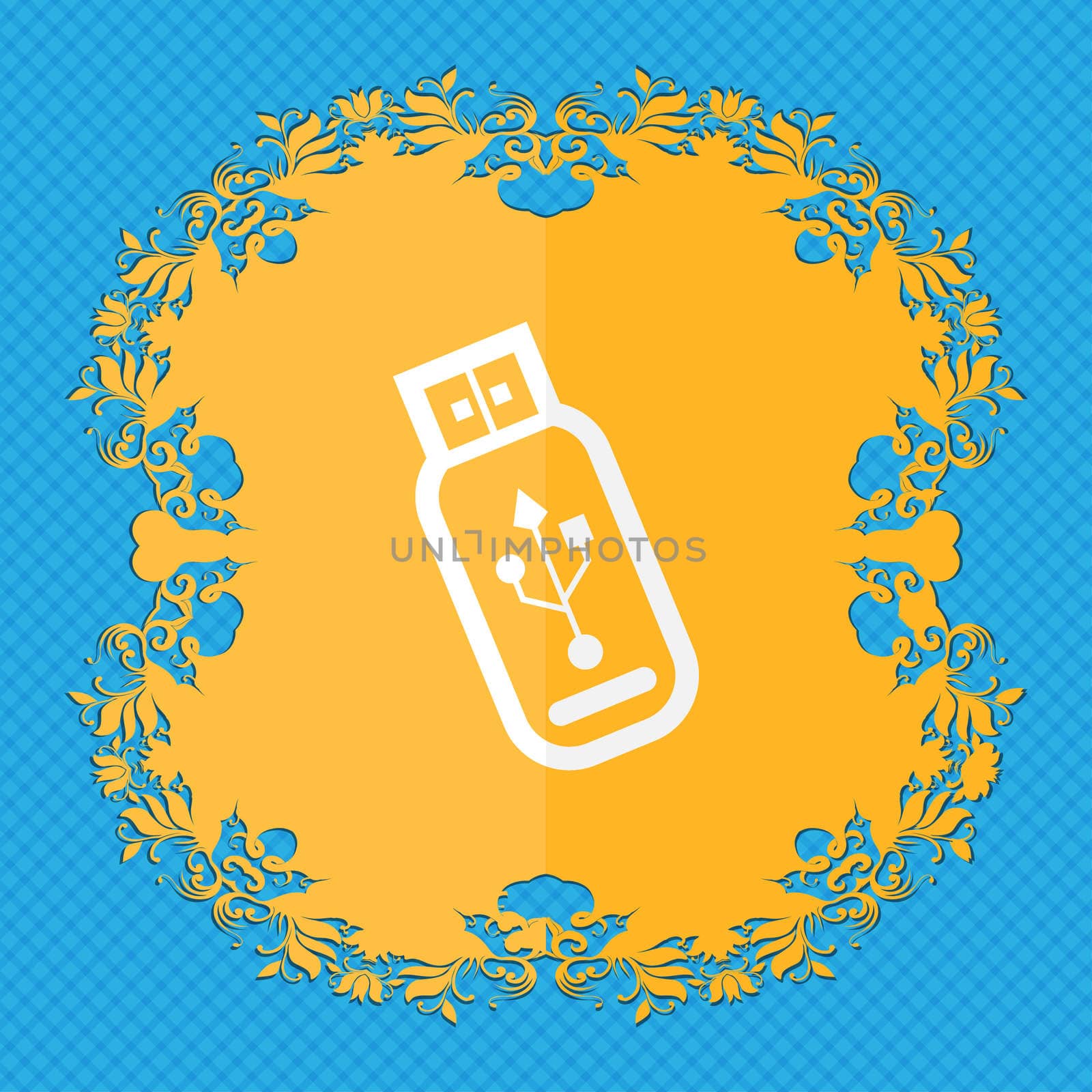 Usb flash drive. Floral flat design on a blue abstract background with place for your text. illustration