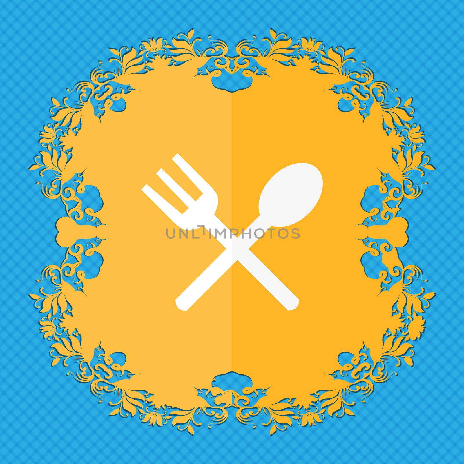 Fork and spoon crosswise, Cutlery, Eat icon sign. Floral flat design on a blue abstract background with place for your text. illustration