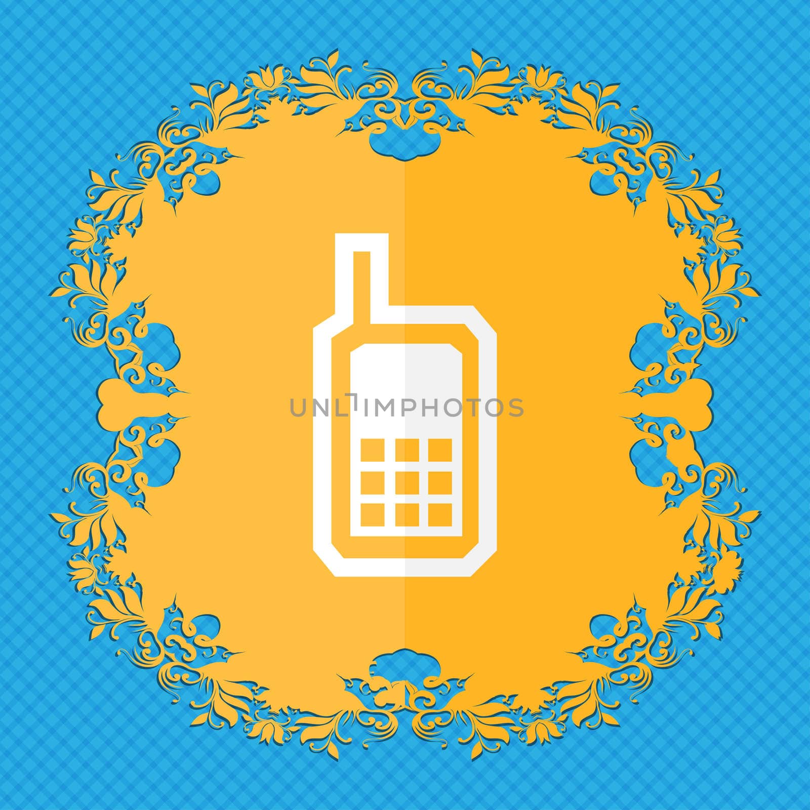 Mobile phone. Floral flat design on a blue abstract background with place for your text. illustration