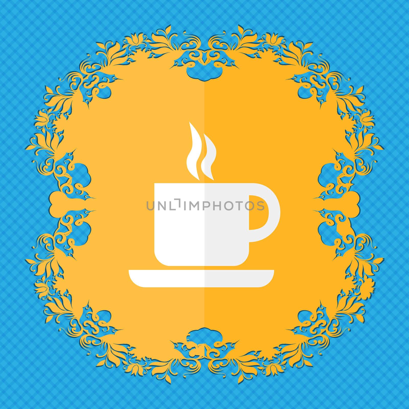 coffee. Floral flat design on a blue abstract background with place for your text. illustration
