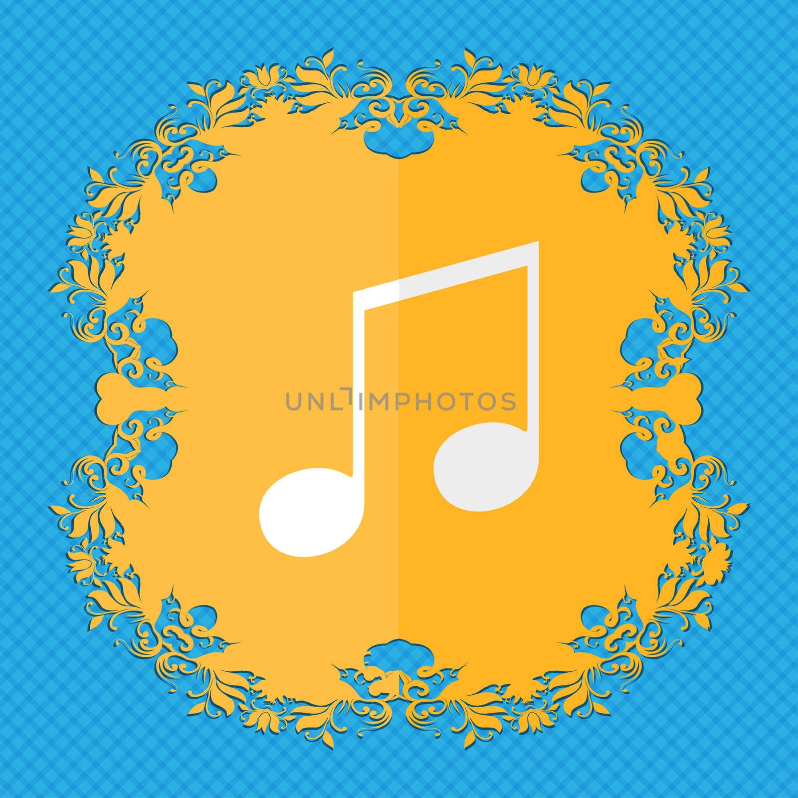 musical note, music, ringtone. Floral flat design on a blue abstract background with place for your text. illustration