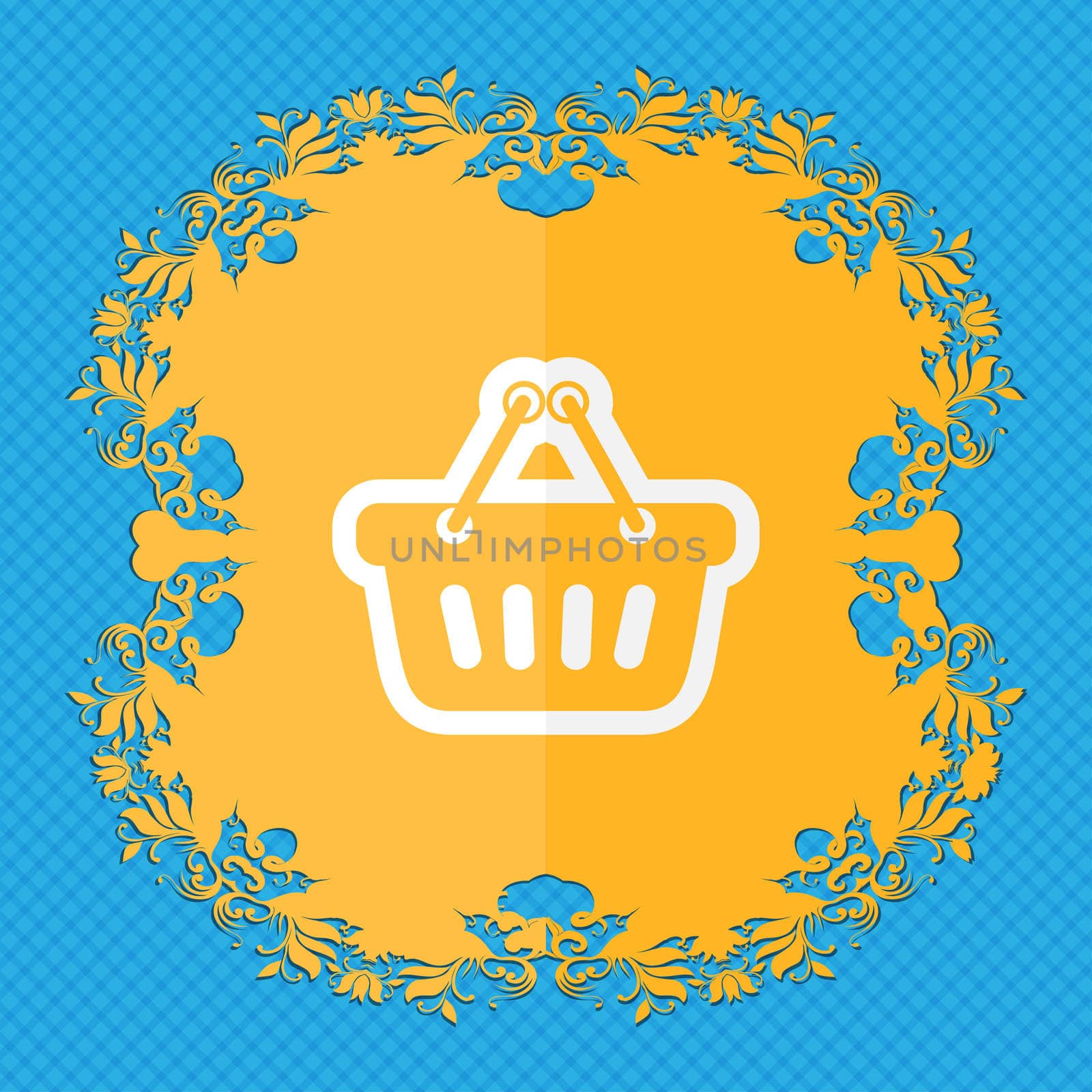 shopping cart. Floral flat design on a blue abstract background with place for your text. illustration