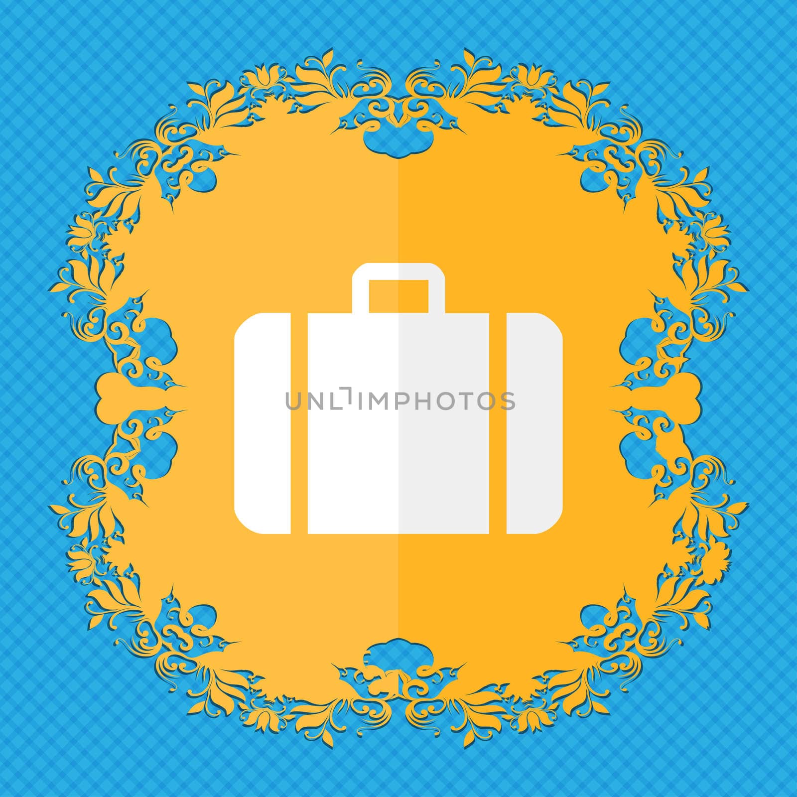 suitcase. Floral flat design on a blue abstract background with place for your text. illustration