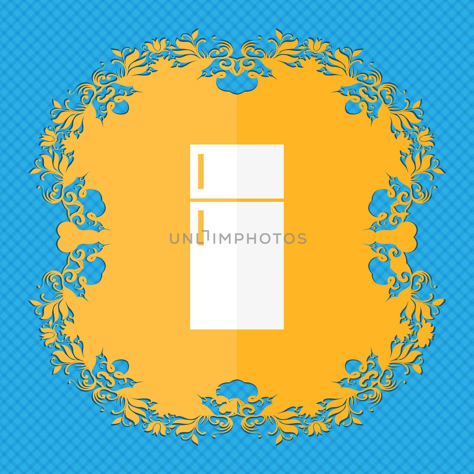 Refrigerator icon sign. Floral flat design on a blue abstract background with place for your text. illustration