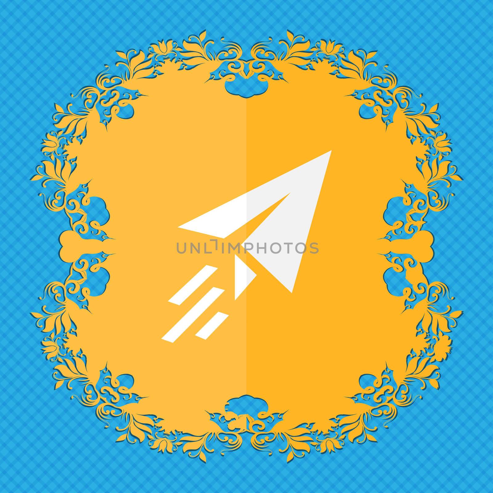 Paper airplane. Floral flat design on a blue abstract background with place for your text. illustration