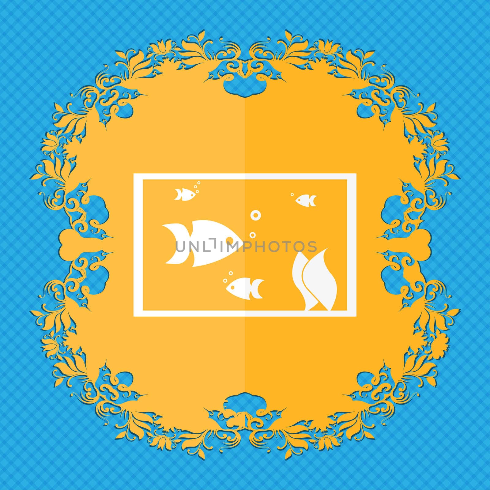 Aquarium, Fish in water icon sign. Floral flat design on a blue abstract background with place for your text. illustration