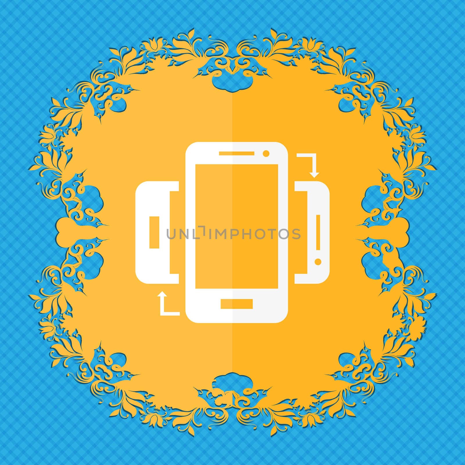 Synchronization sign icon. smartphones sync symbol. Data exchange. Floral flat design on a blue abstract background with place for your text. illustration