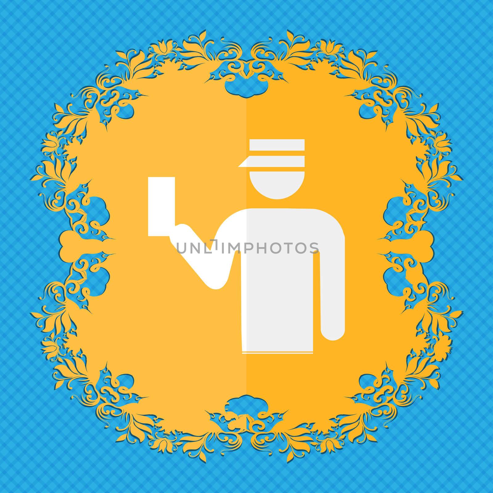 Inspector. Floral flat design on a blue abstract background with place for your text. illustration