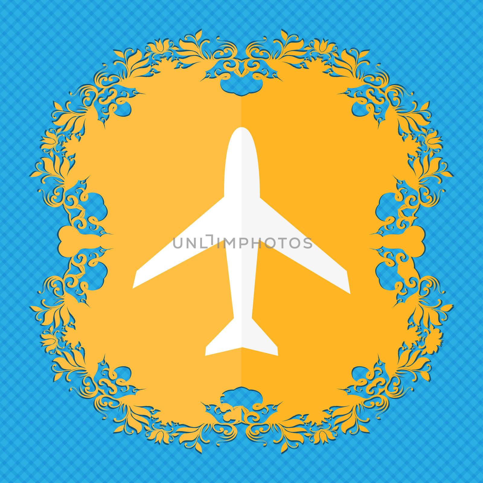 Airplane sign. Plane symbol. Travel icon. Flight flat label. Floral flat design on a blue abstract background with place for your text. illustration