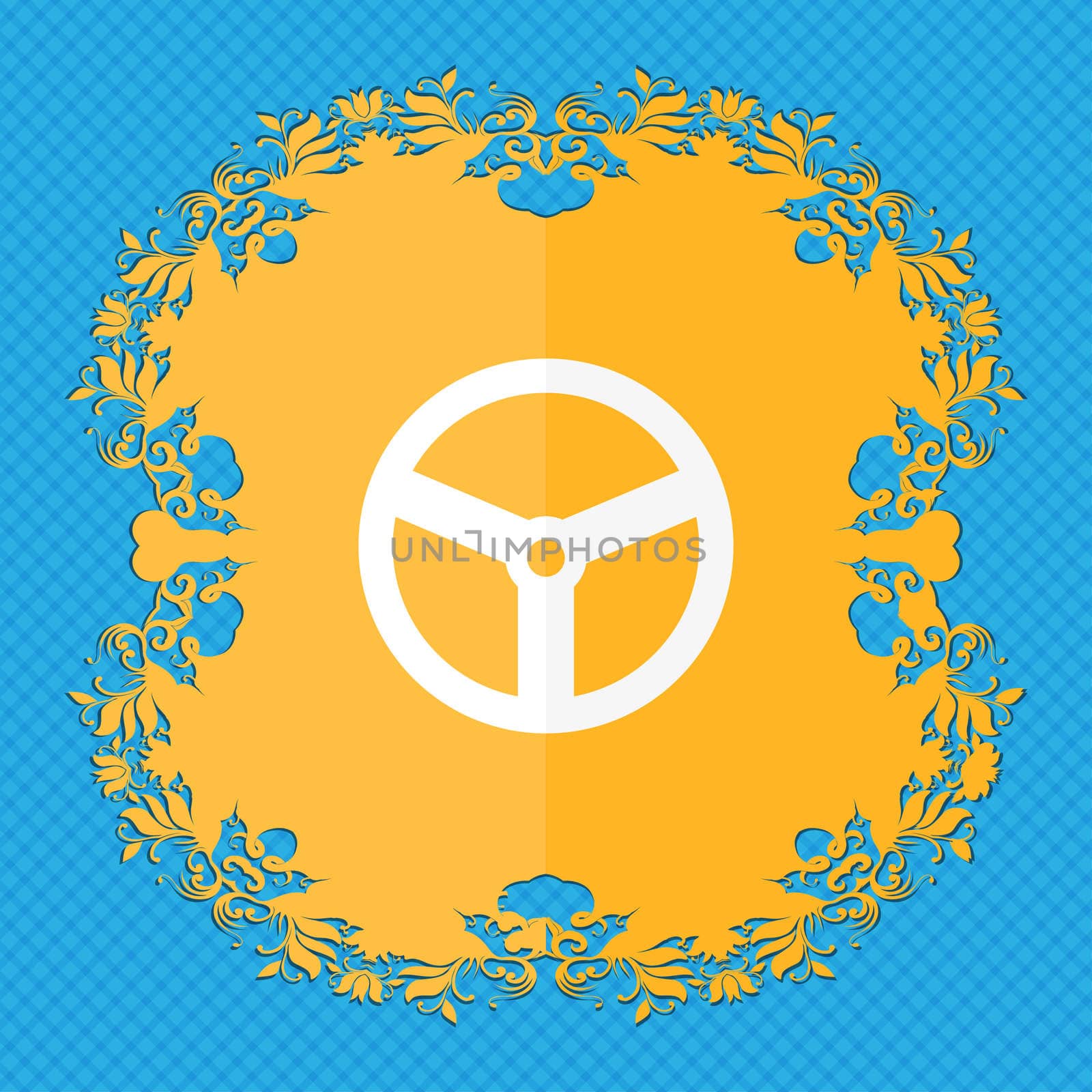 Steering wheel icon sign. Floral flat design on a blue abstract background with place for your text.  by serhii_lohvyniuk