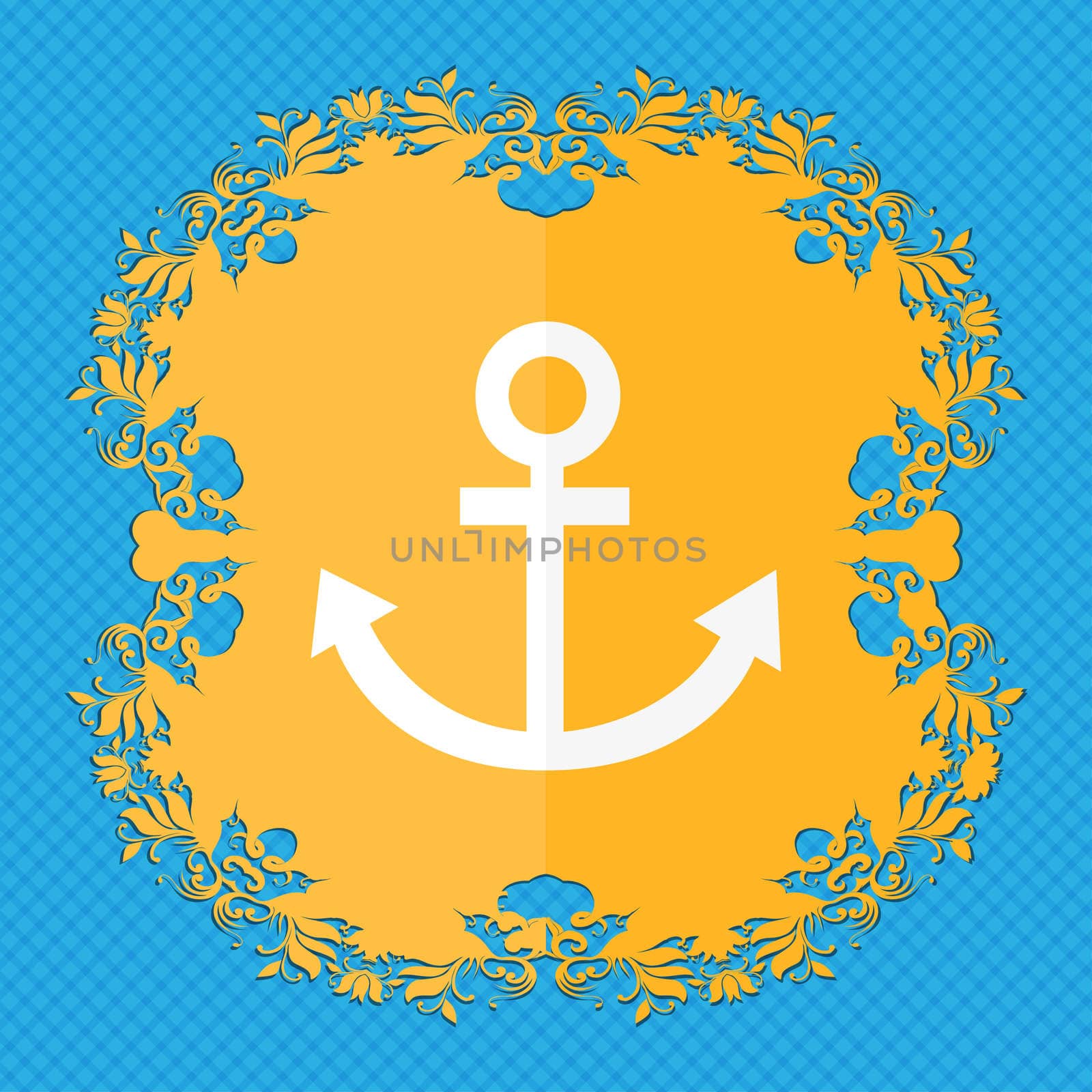 Anchor icon. Floral flat design on a blue abstract background with place for your text.  by serhii_lohvyniuk