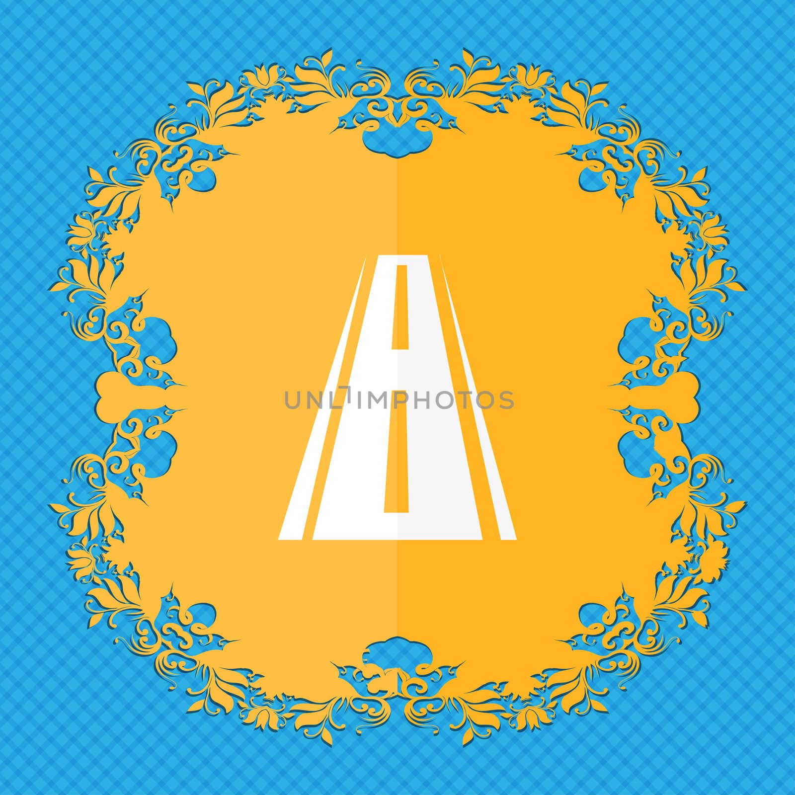 Road icon sign. Floral flat design on a blue abstract background with place for your text.  by serhii_lohvyniuk