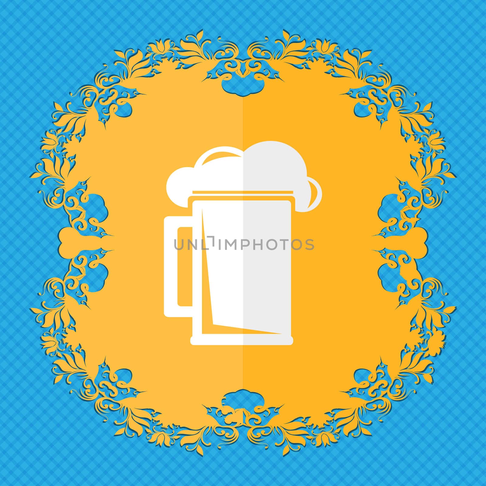 glass of beer. Floral flat design on a blue abstract background with place for your text.  by serhii_lohvyniuk