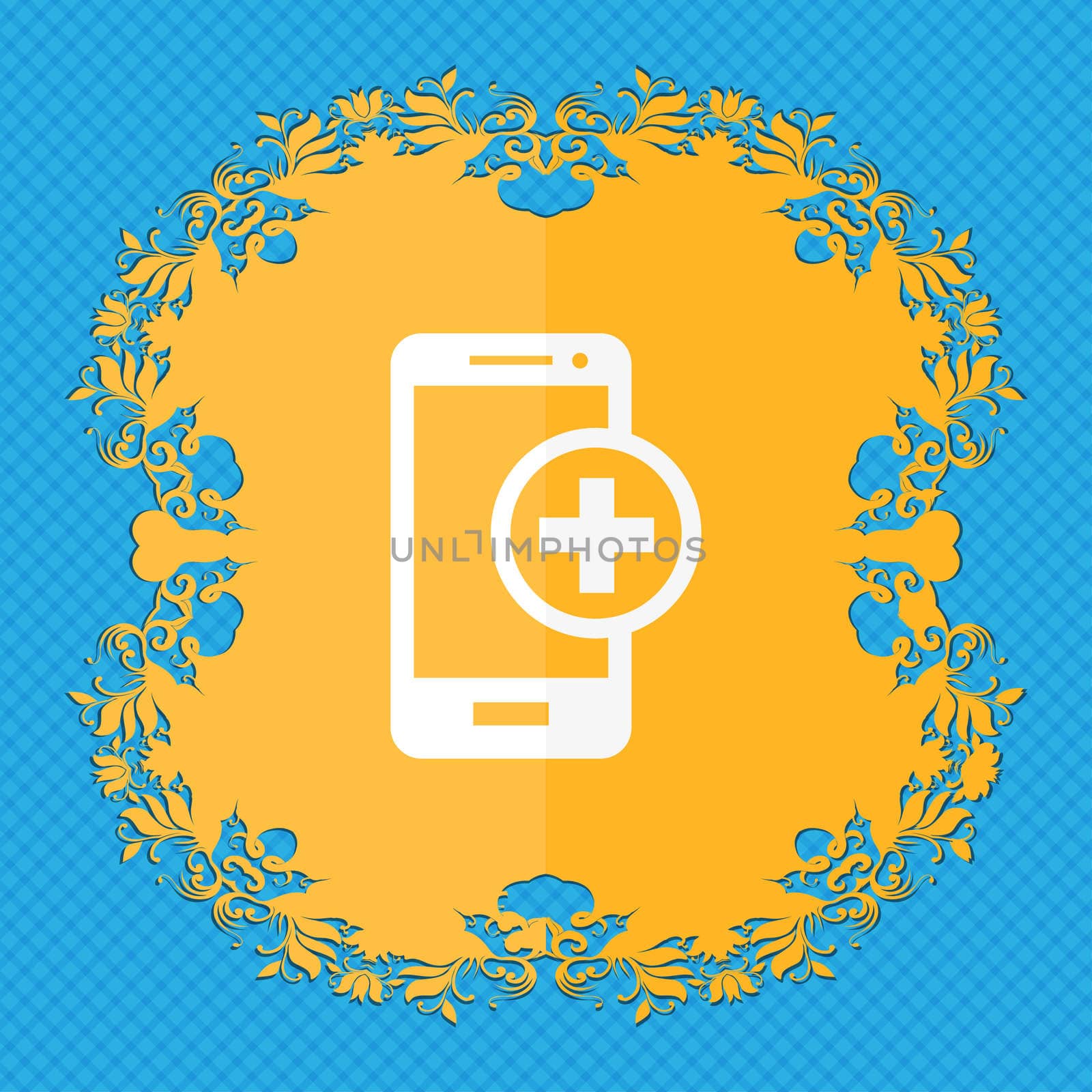 Mobile devices sign icon. with symbol plus. Floral flat design on a blue abstract background with place for your text. illustration